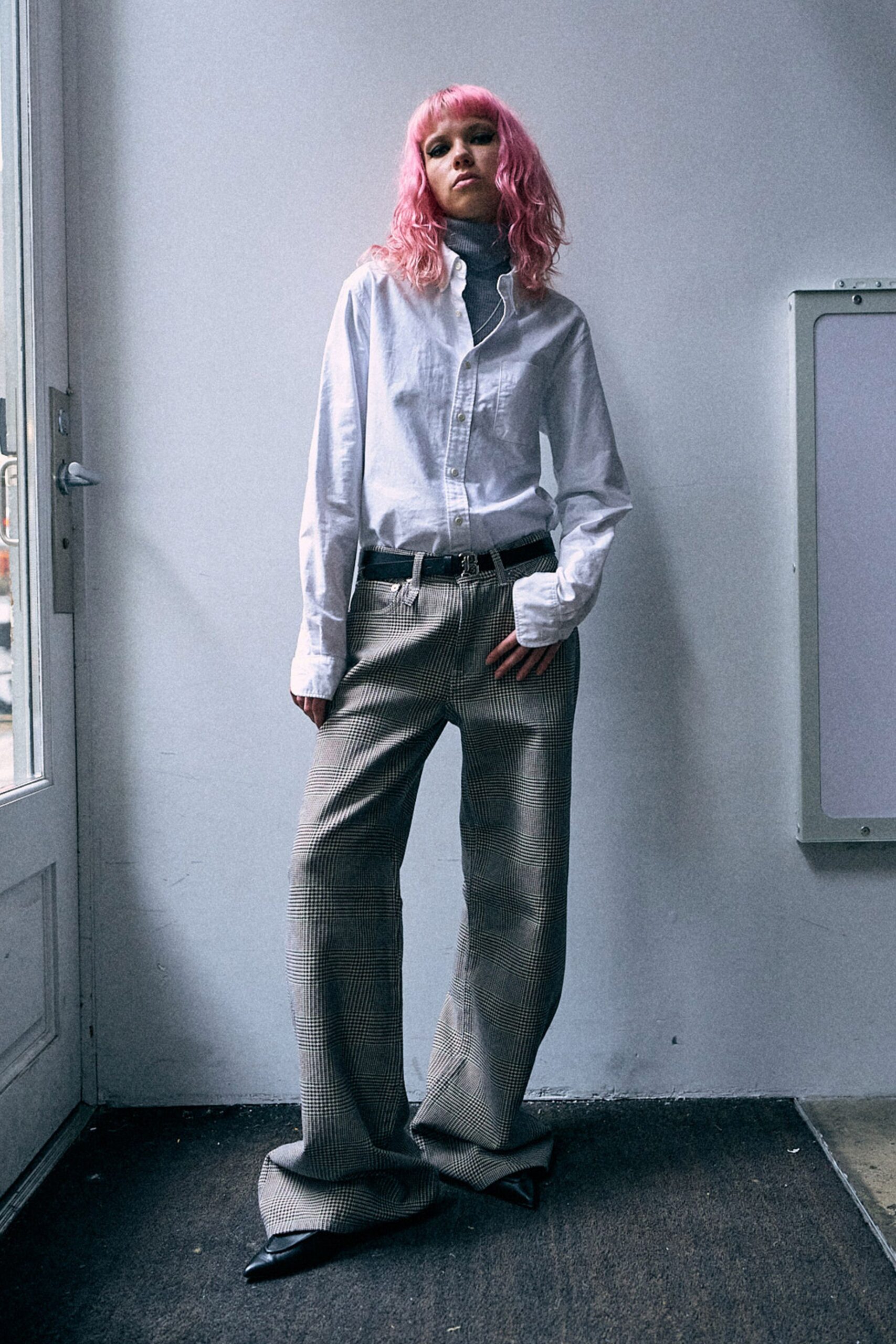 white shirt gray wide-leg pants