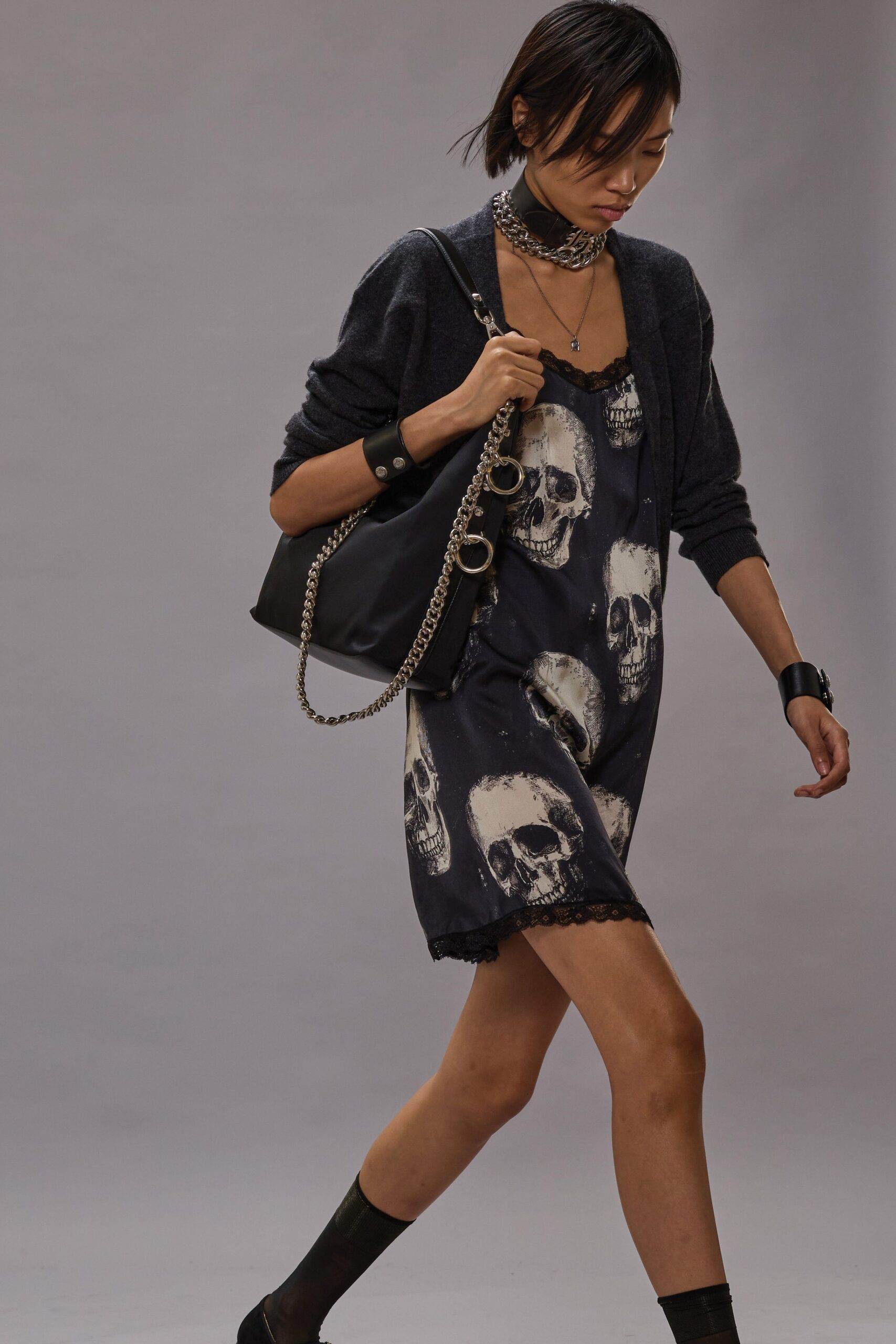 black and white printed dress with cardigan