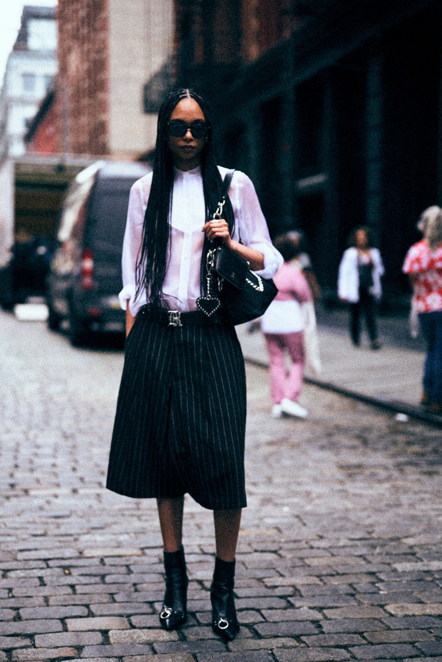 black cotton relaxed high-waisted striped pleated midi skirt