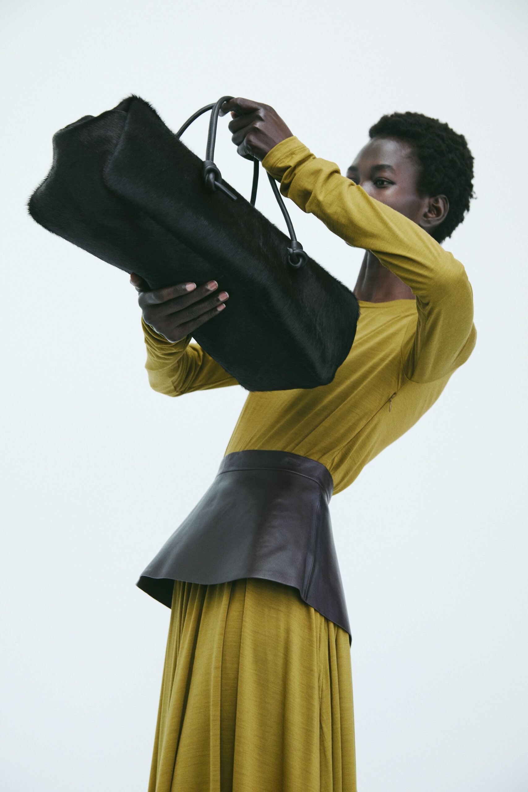 yellow cotton long-sleeve fitted draped maxi dress