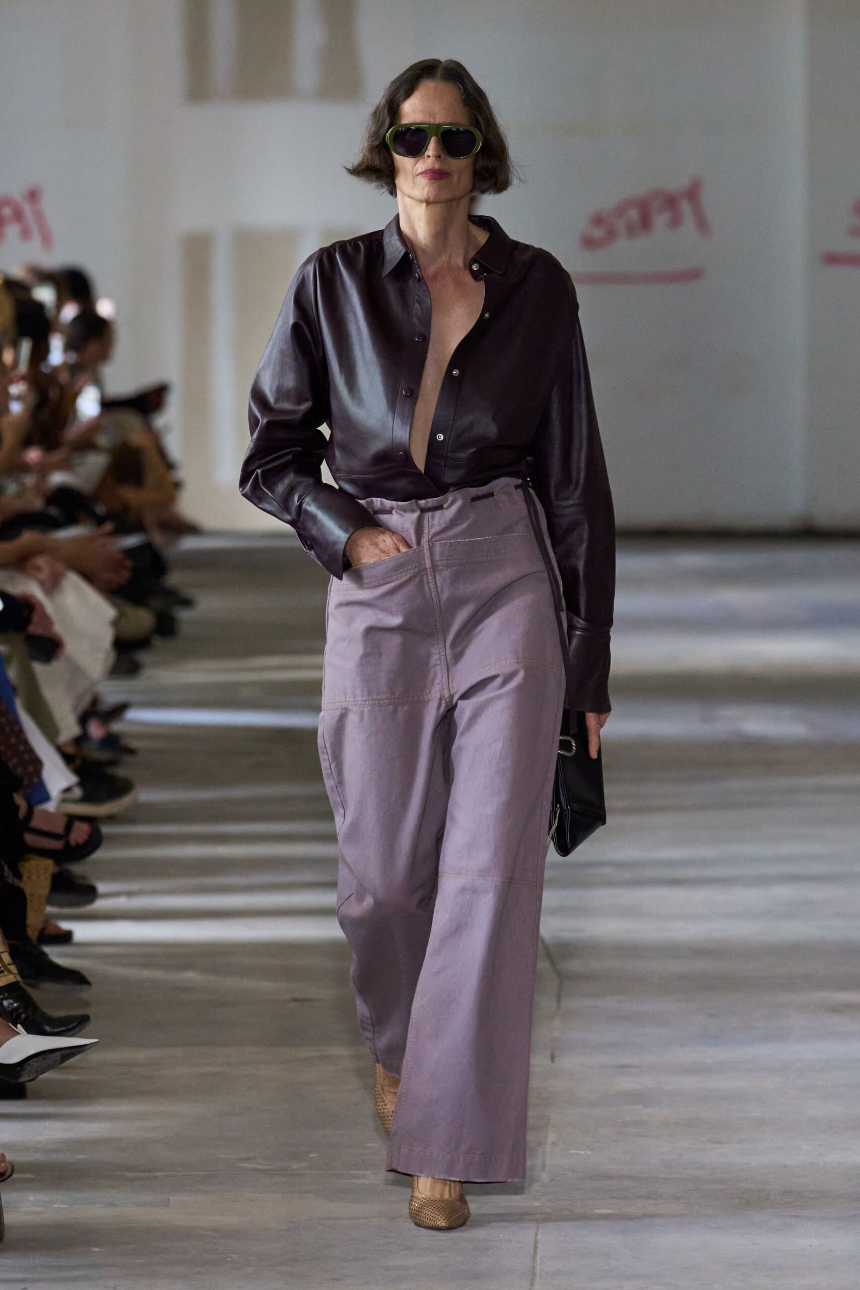 purple leather long-sleeve collared relaxed shirt