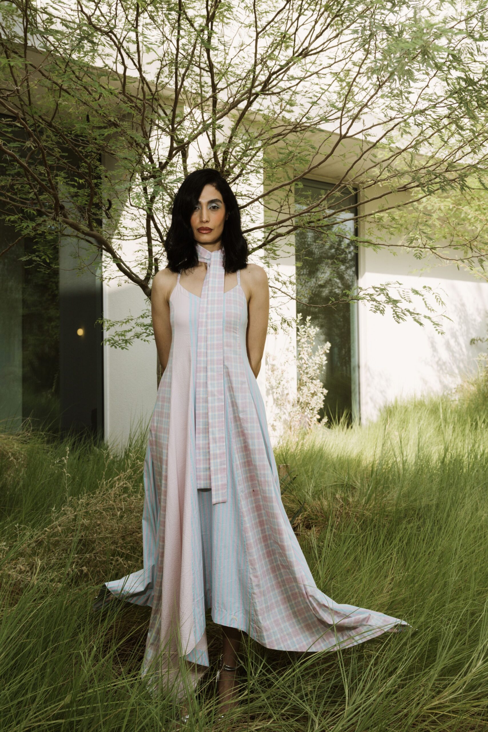 blue and pink striped maxi dress