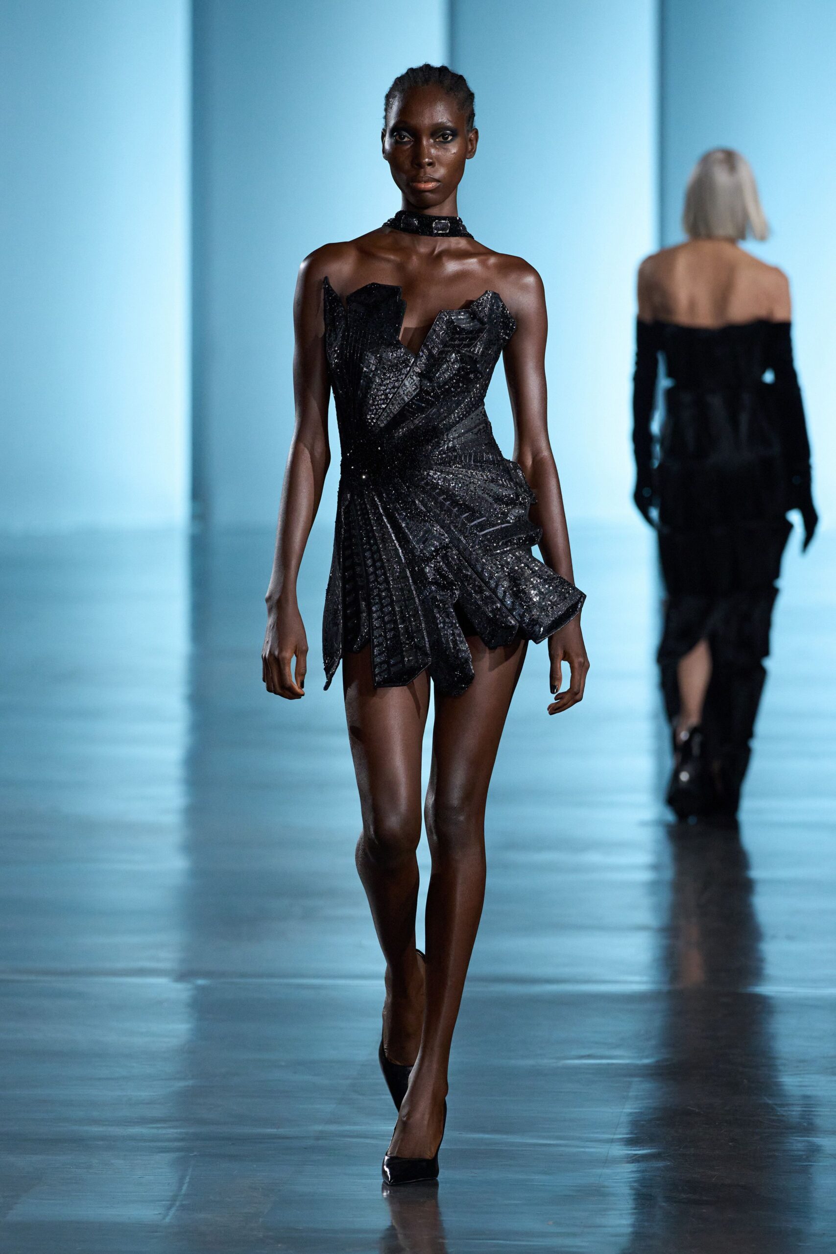 black silk strapless v-neck fitted pleated mini dress