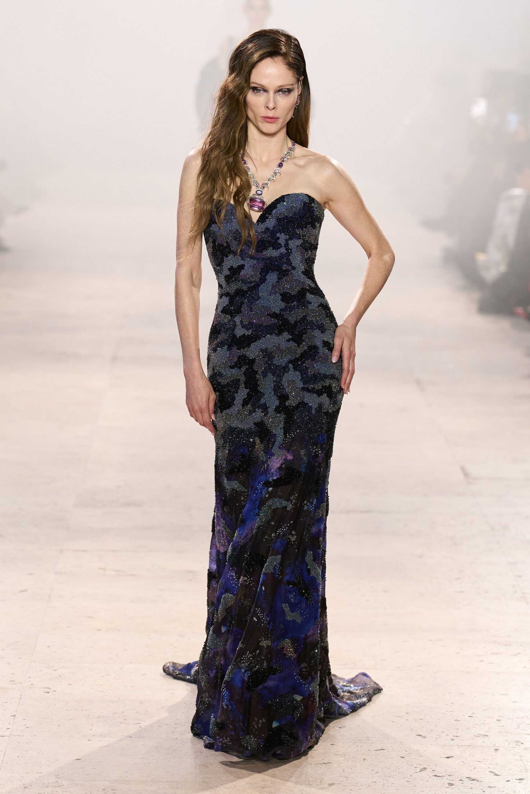 purple blue embellished strapless gown