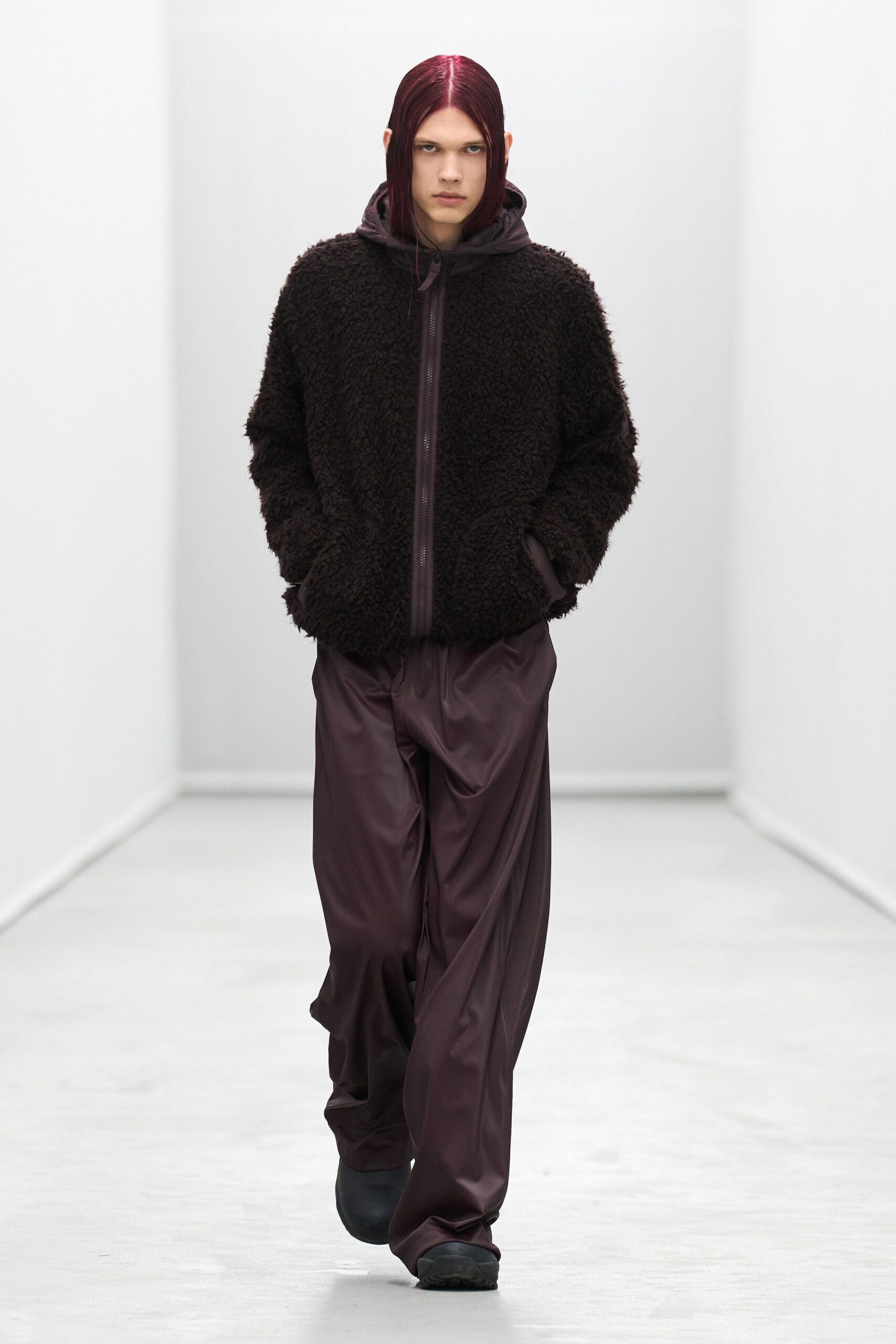 brown faux-fur hoodie with burgundy pants