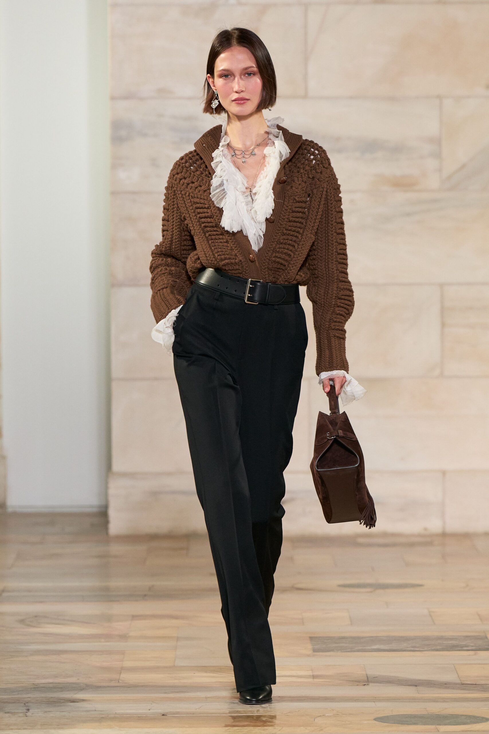 brown wool long-sleeve collared fitted ribbed sweater