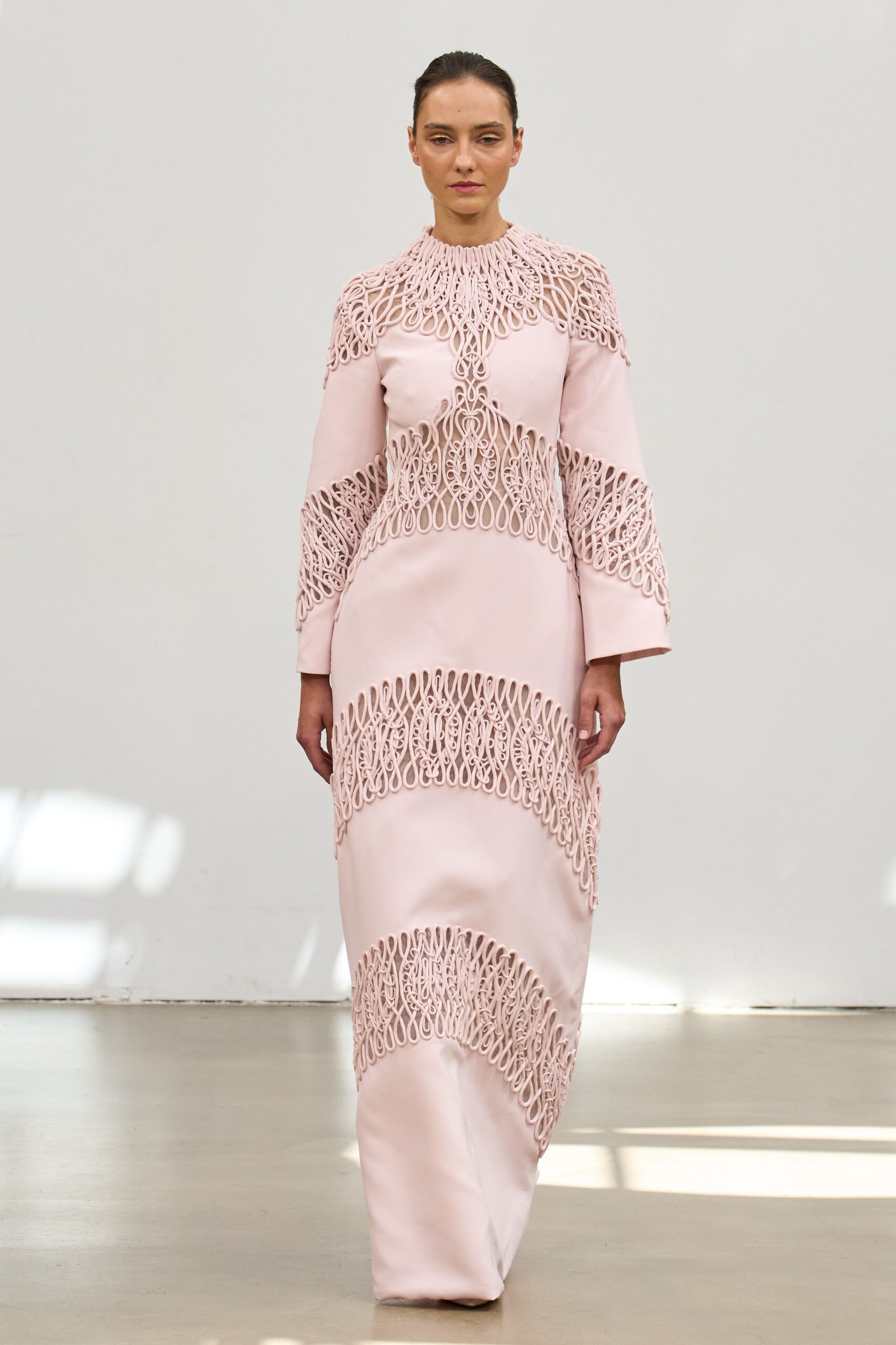 pink embroidered long-sleeve gown