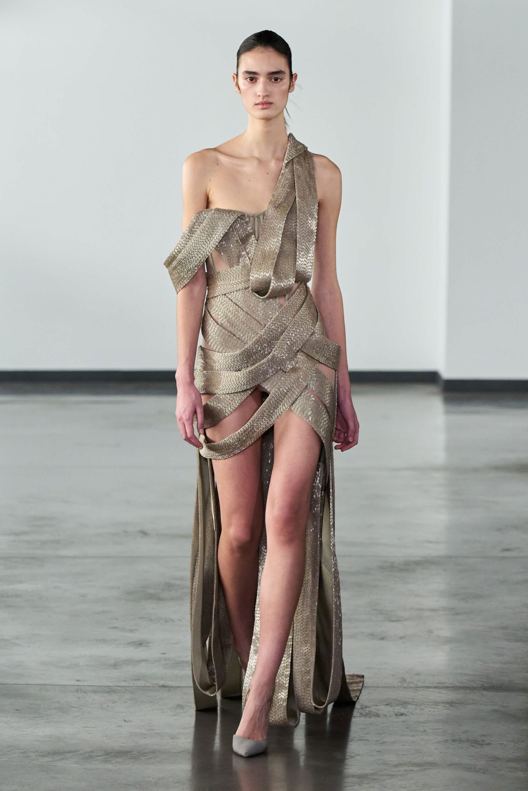 gold silk sleeveless asymmetric fitted draped beaded gown
