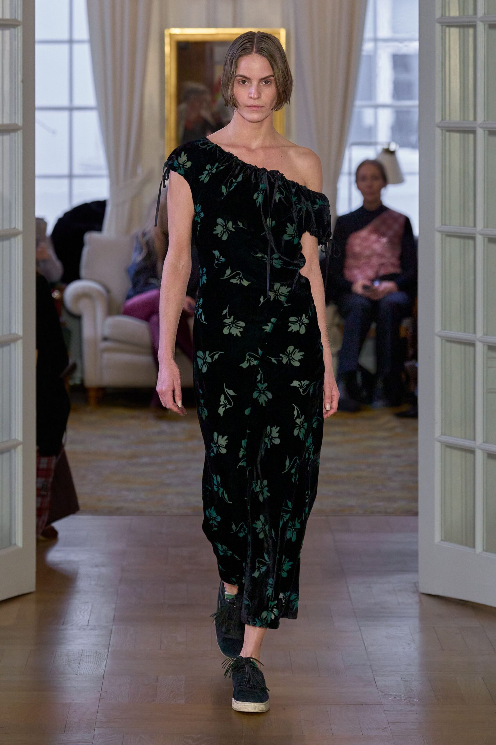 black velvet sleeveless off-shoulder fitted floral draped dress