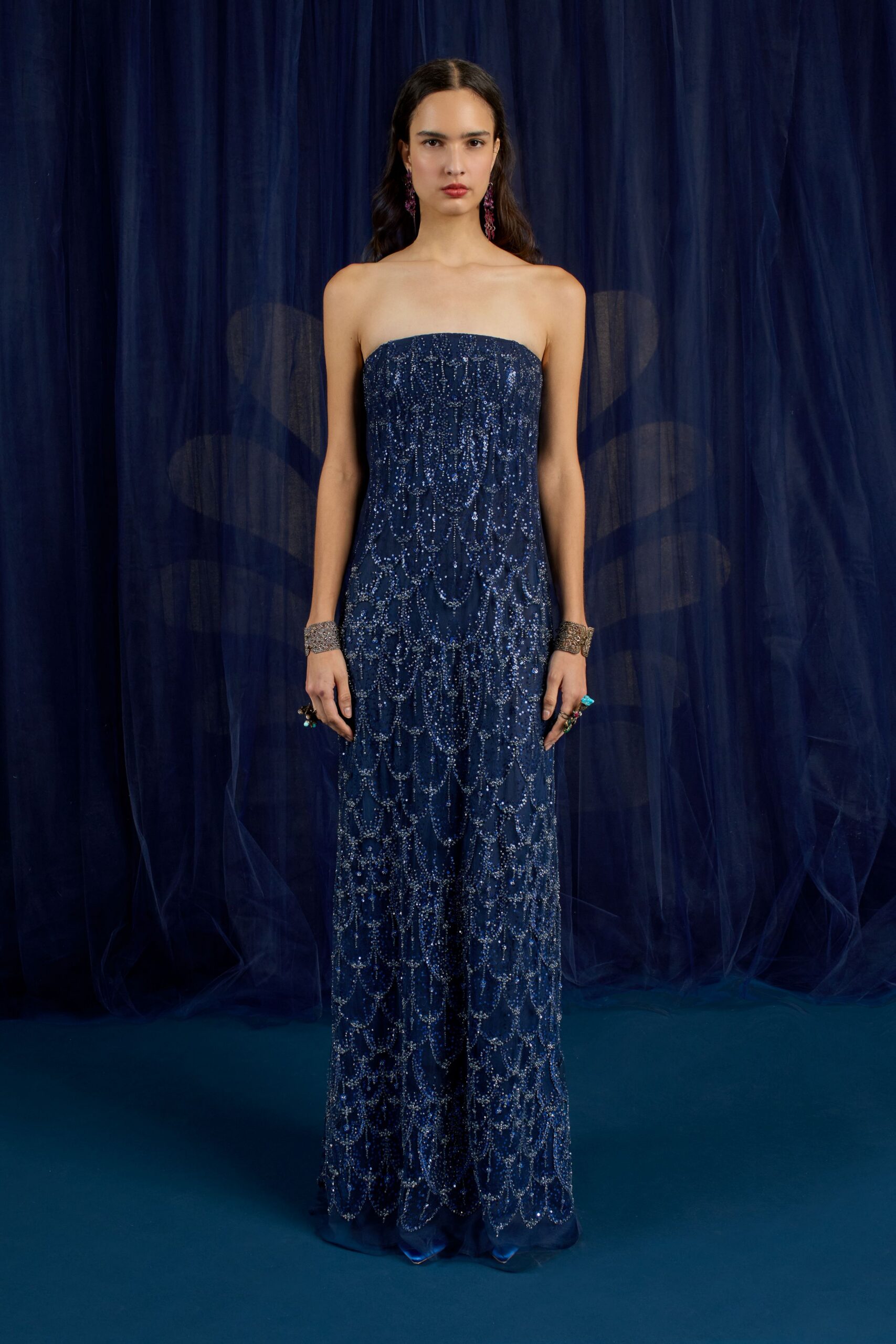 blue beaded strapless gown