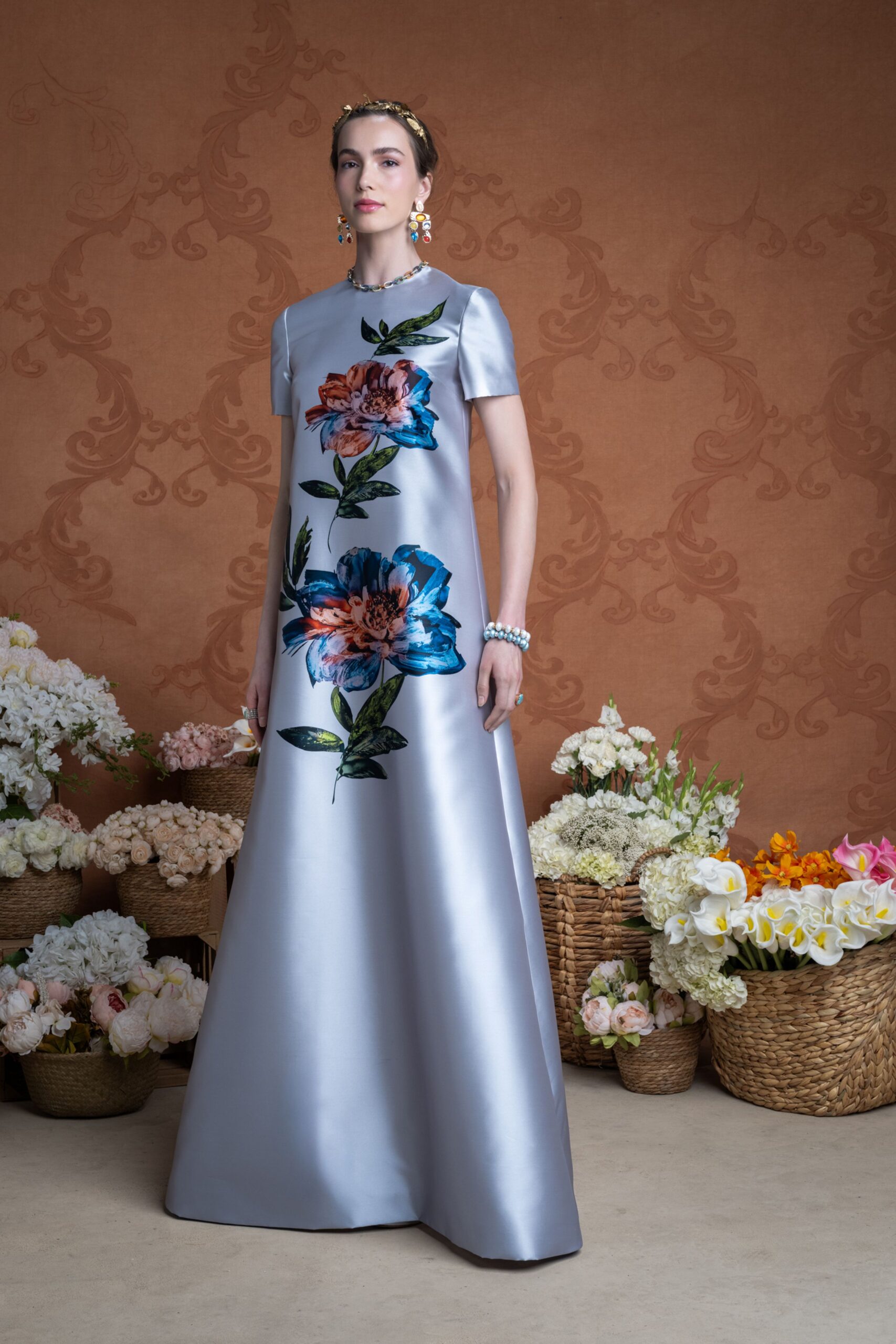 silver satin embroidered gown