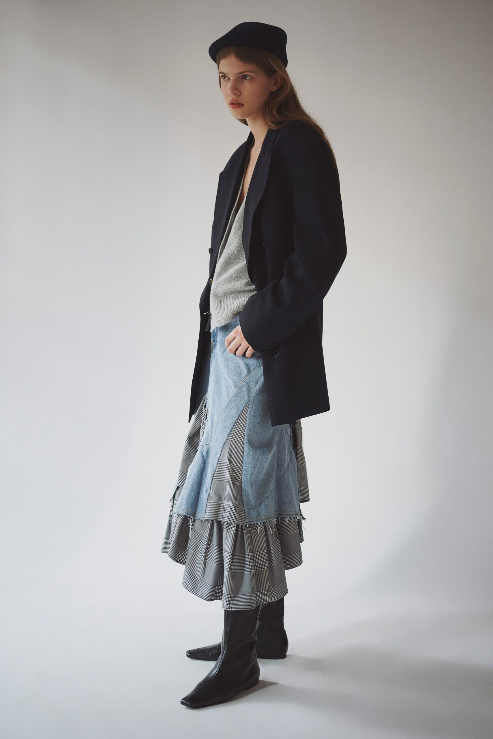 blue denim asymmetric relaxed tiered skirt