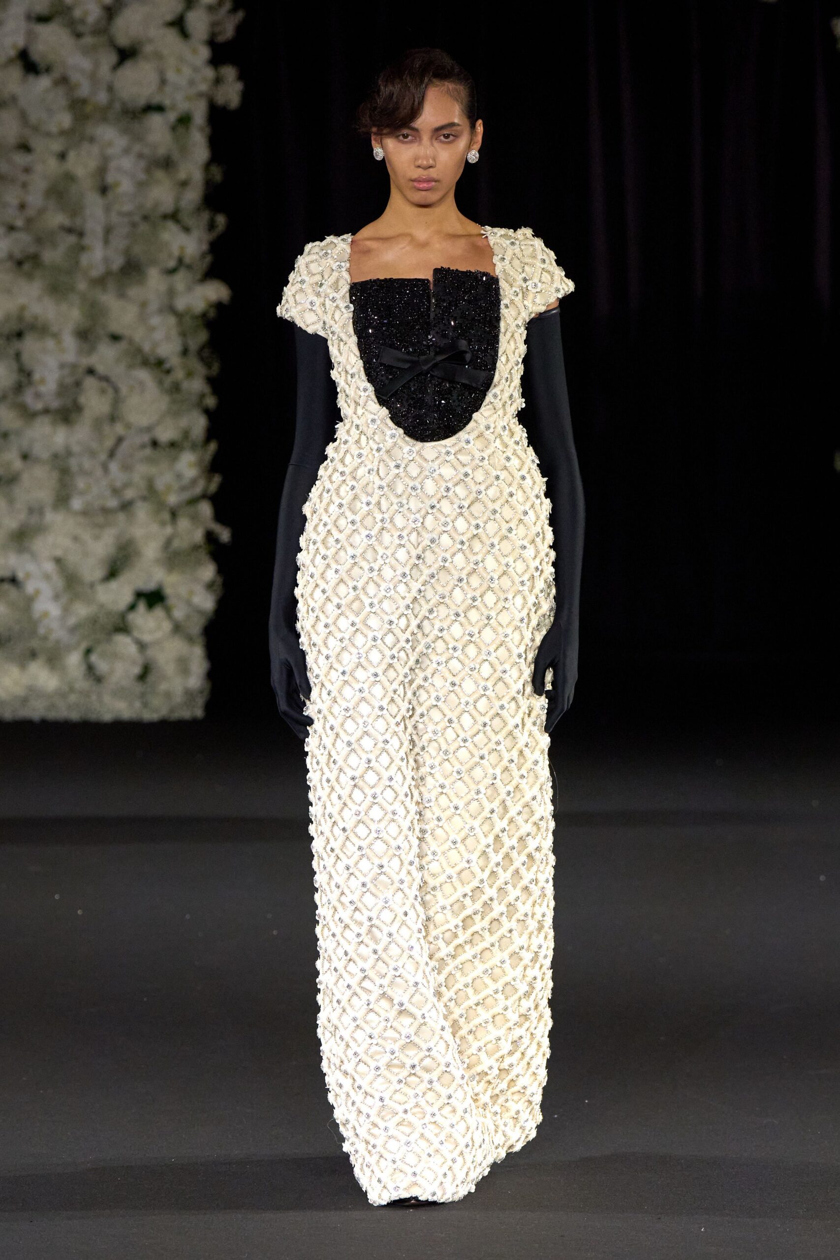 white silk sleeveless square-neck fitted embellished maxi gown