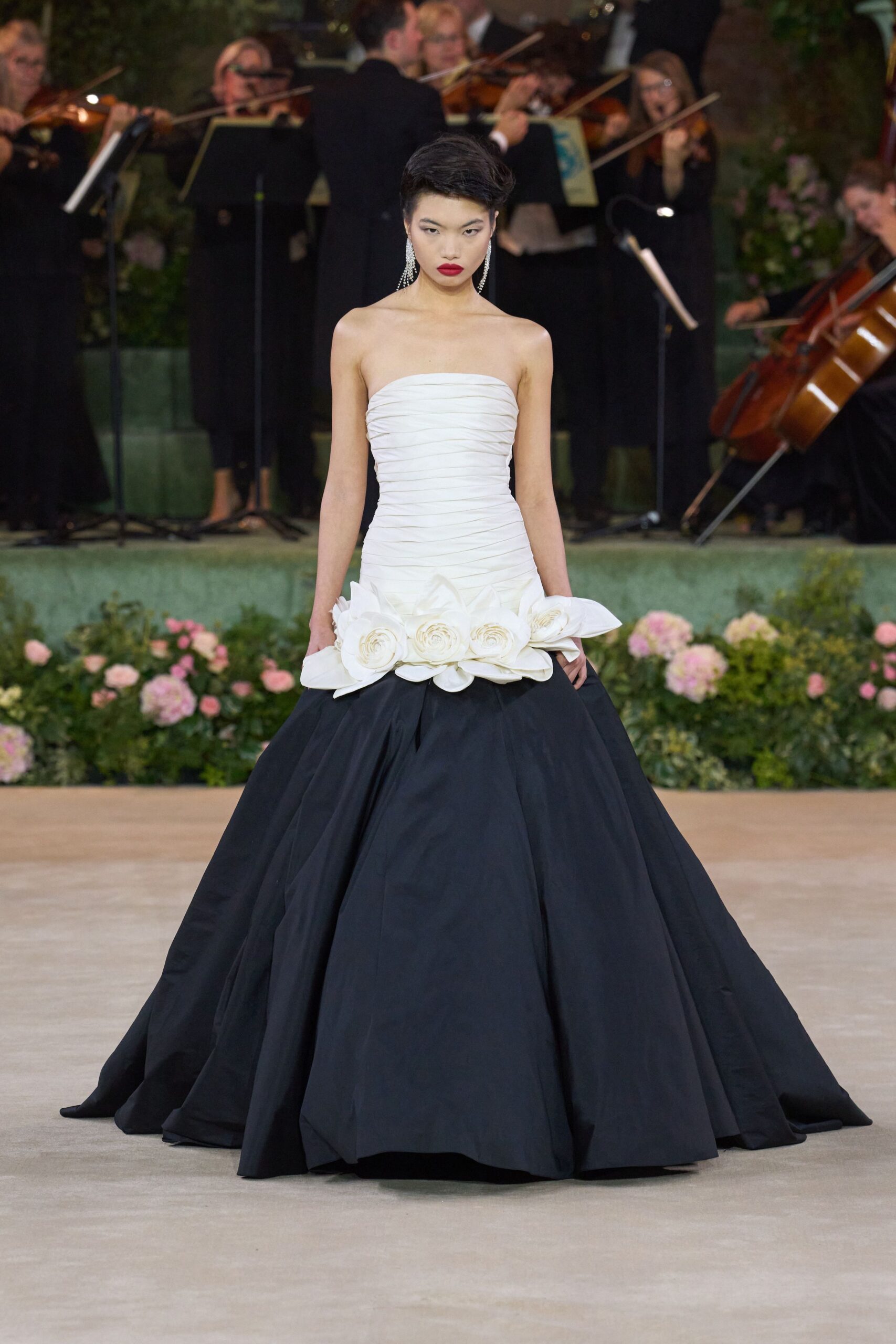 black and white strapless gown
