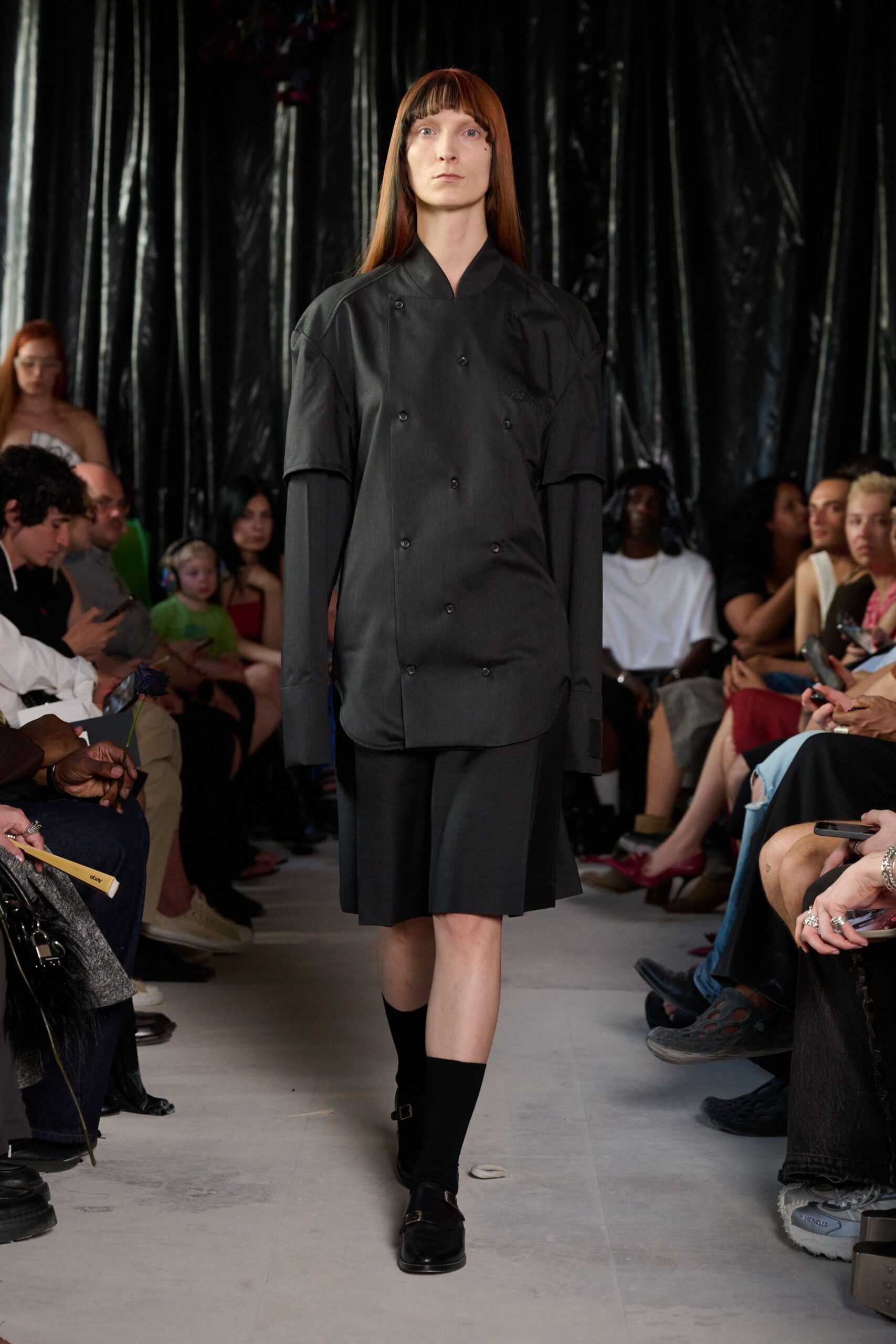 black cotton short-sleeve collared relaxed buttoned straight-leg dress