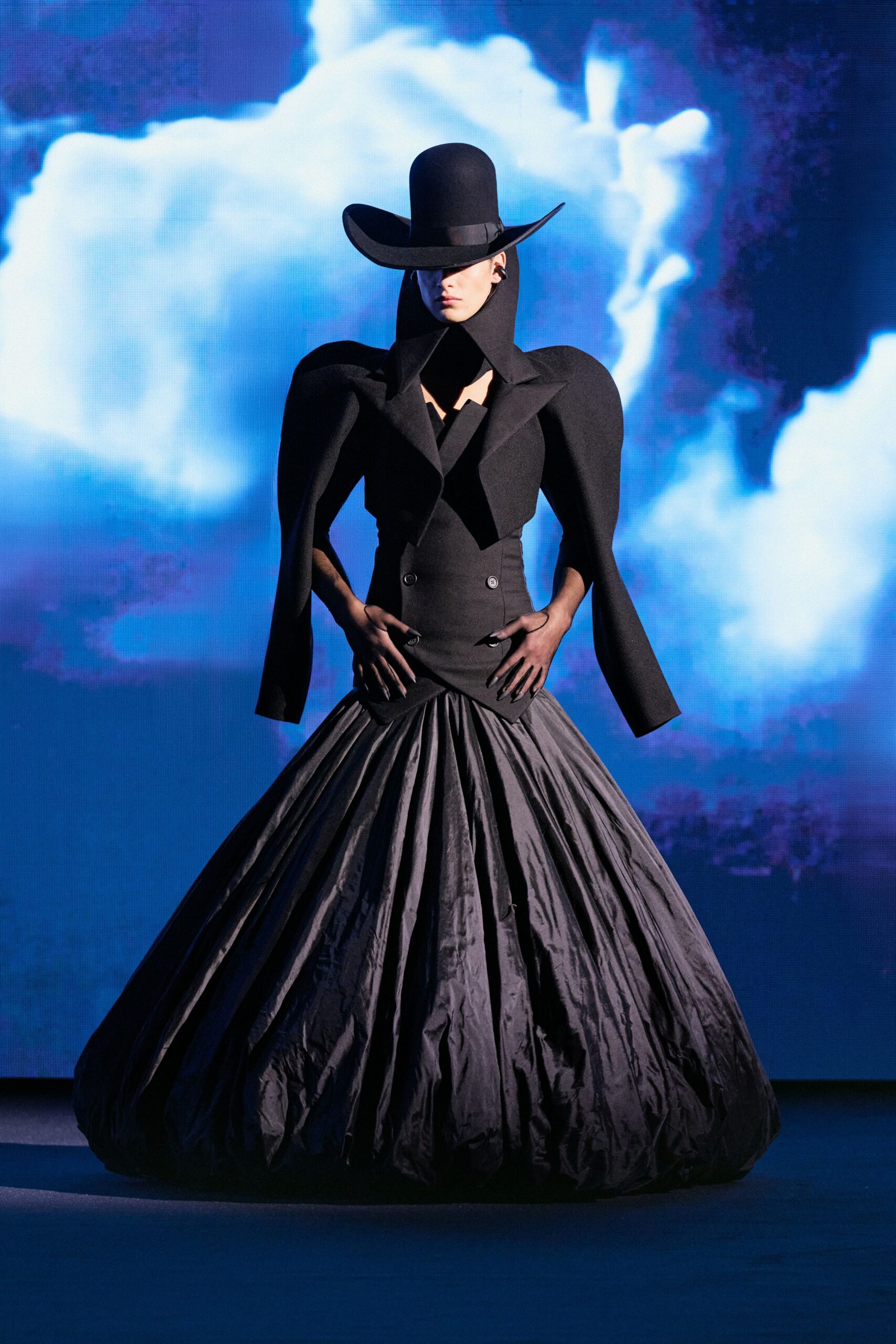 black cotton long-sleeve collared fitted pleated maxi gown