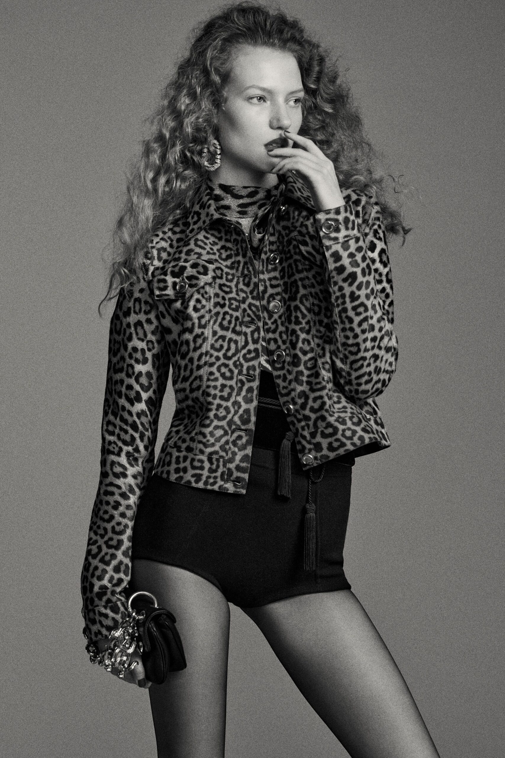 brown leather long-sleeve collared fitted animal-print jacket