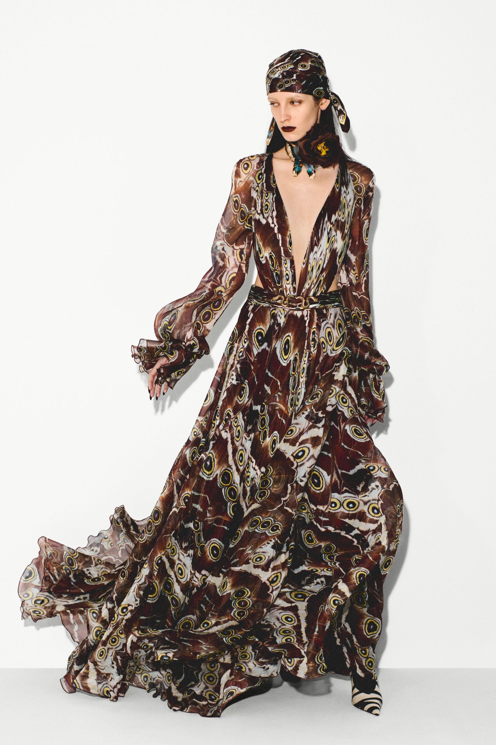 brown silk long-sleeve v-neck fitted flared pleated gown