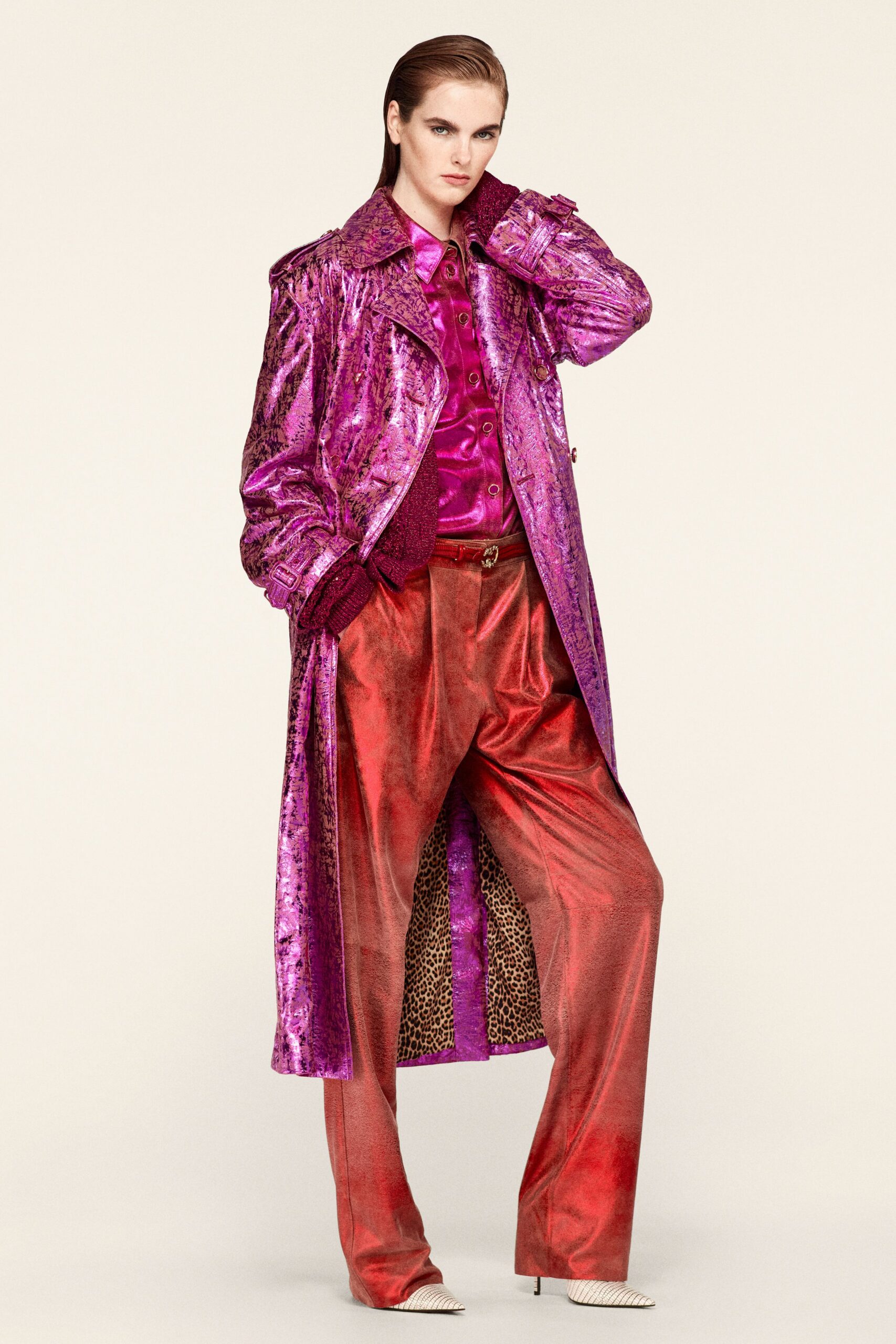 red satin fitted straight-leg shiny pants