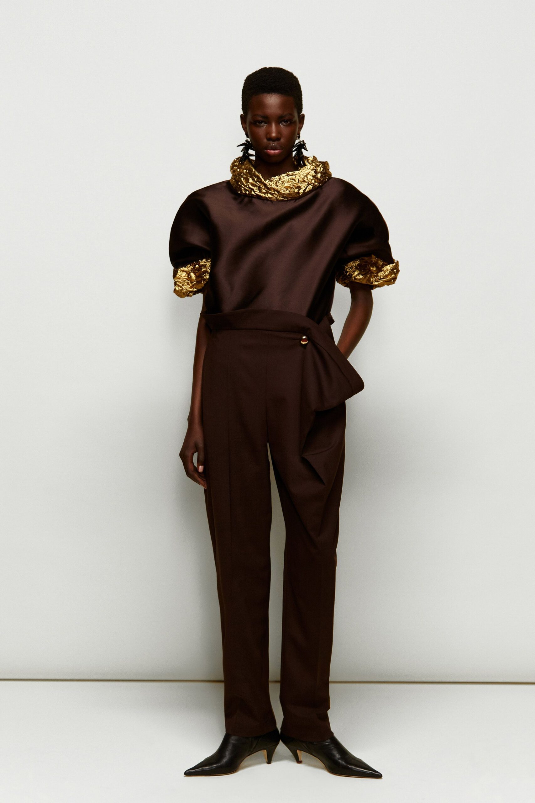 brown silk short-sleeve high-neck relaxed ruffled top