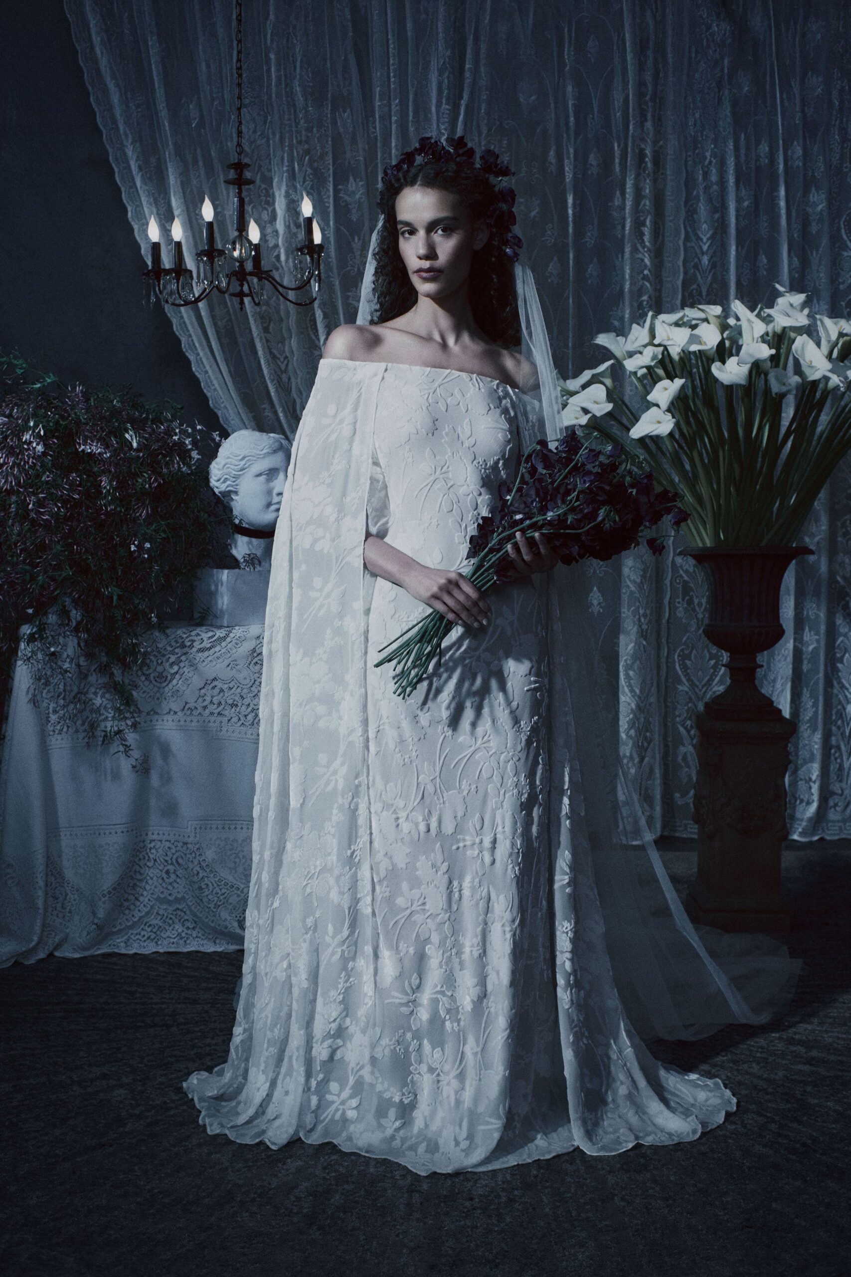 white lace off-shoulder long-sleeve fitted embroidered flowing gown