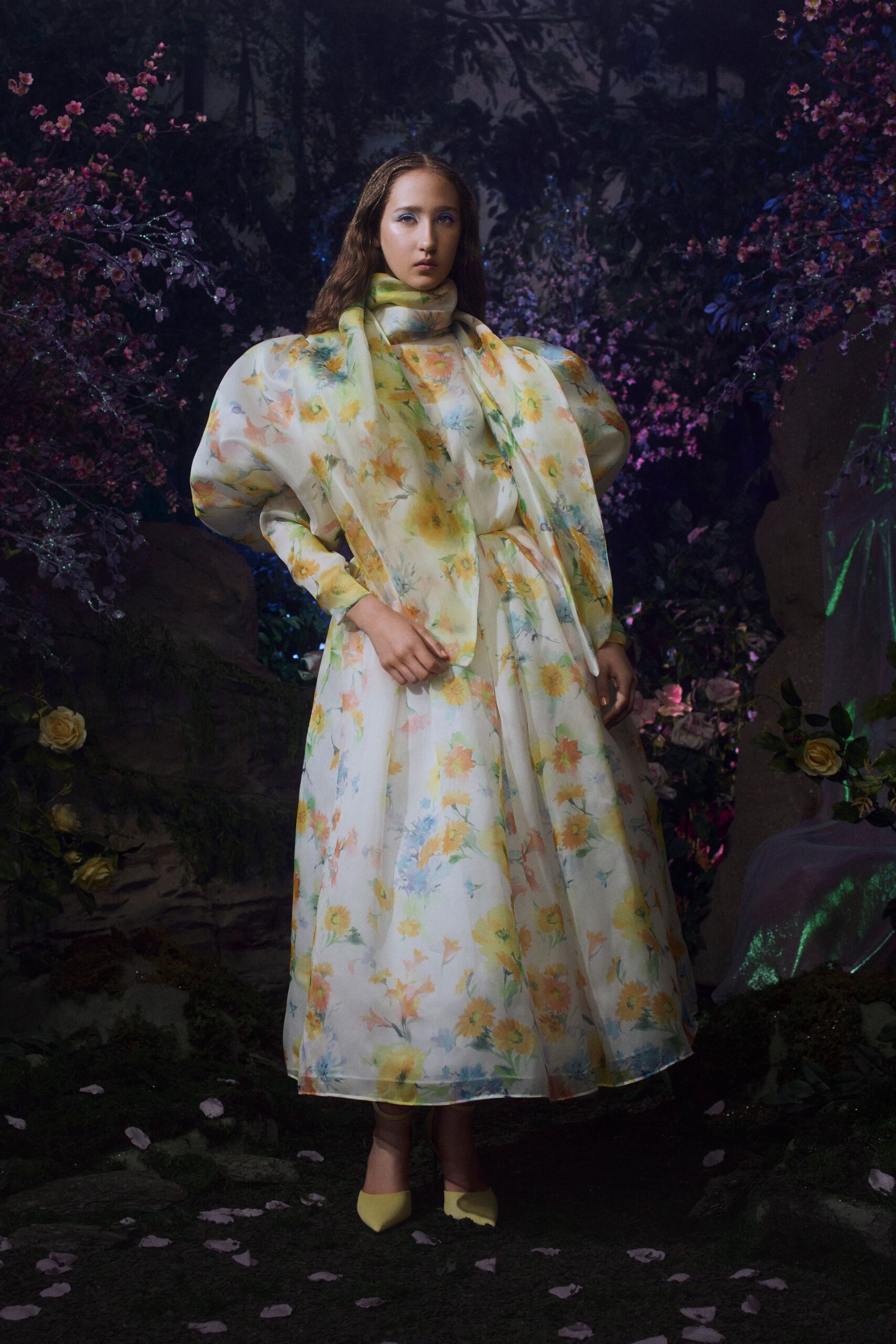 yellow chiffon long-sleeve collared relaxed floral layered dress