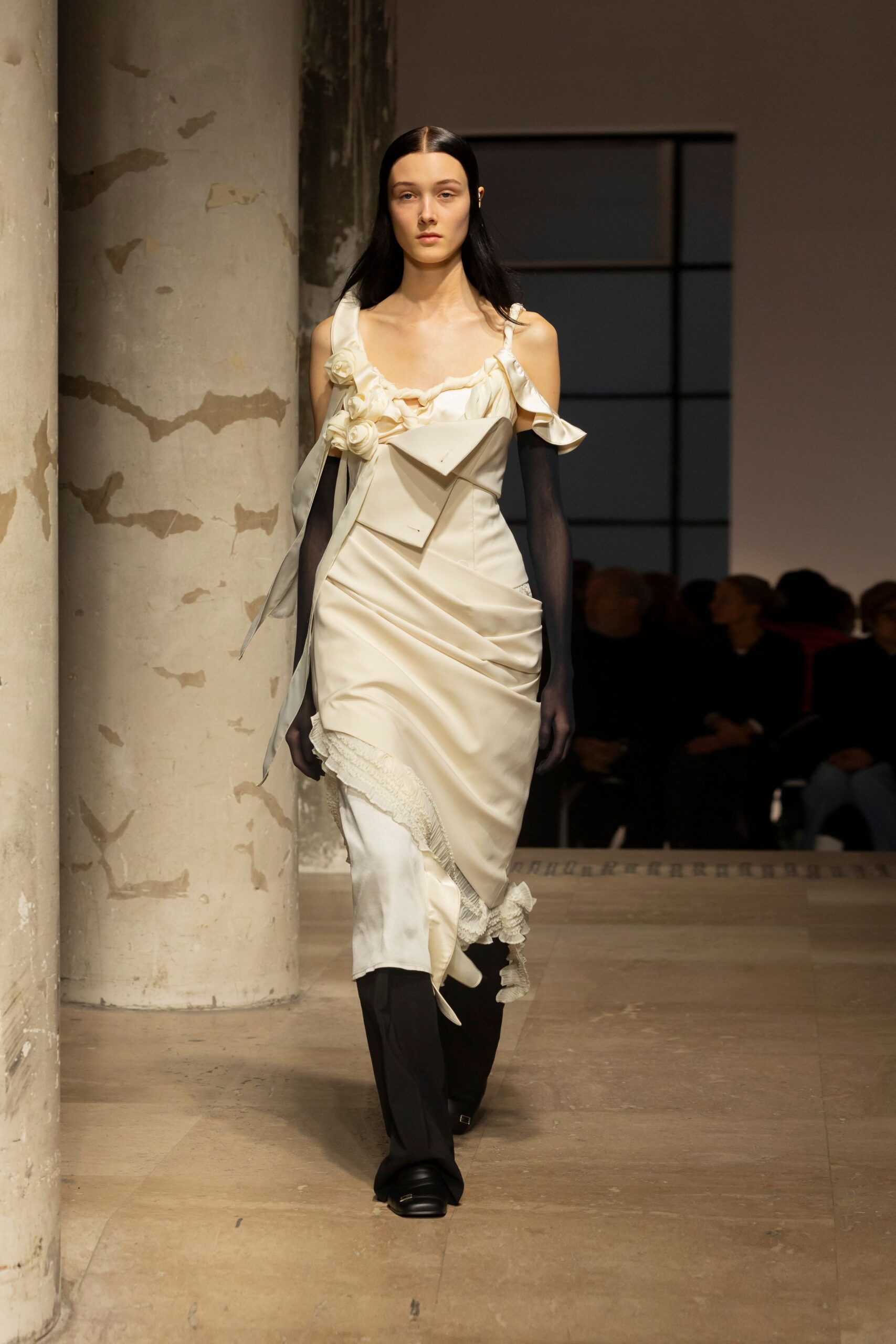 white silk sleeveless off-shoulder fitted ruffled layered dress