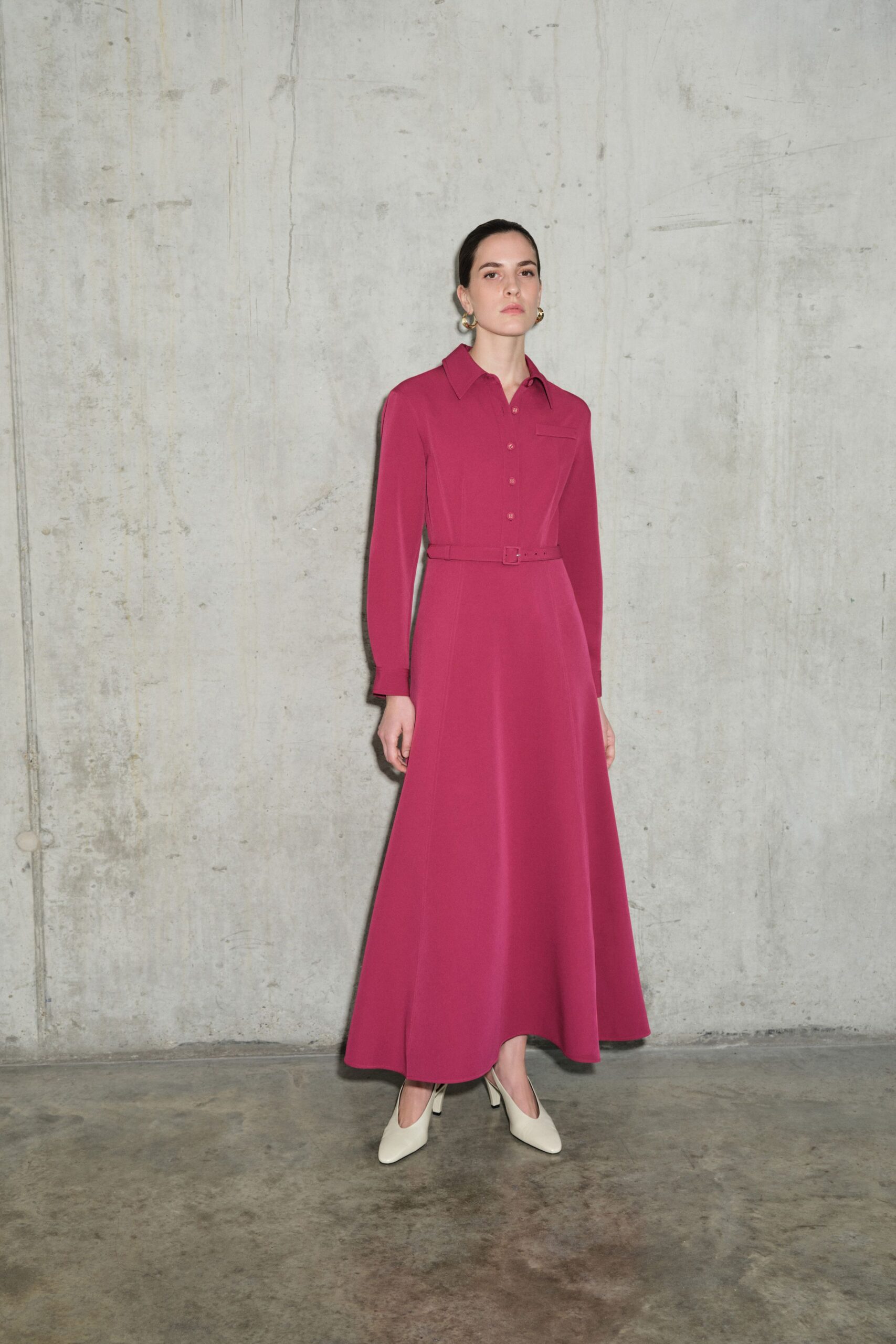 pink cotton long-sleeve collared fitted belted a-line dress