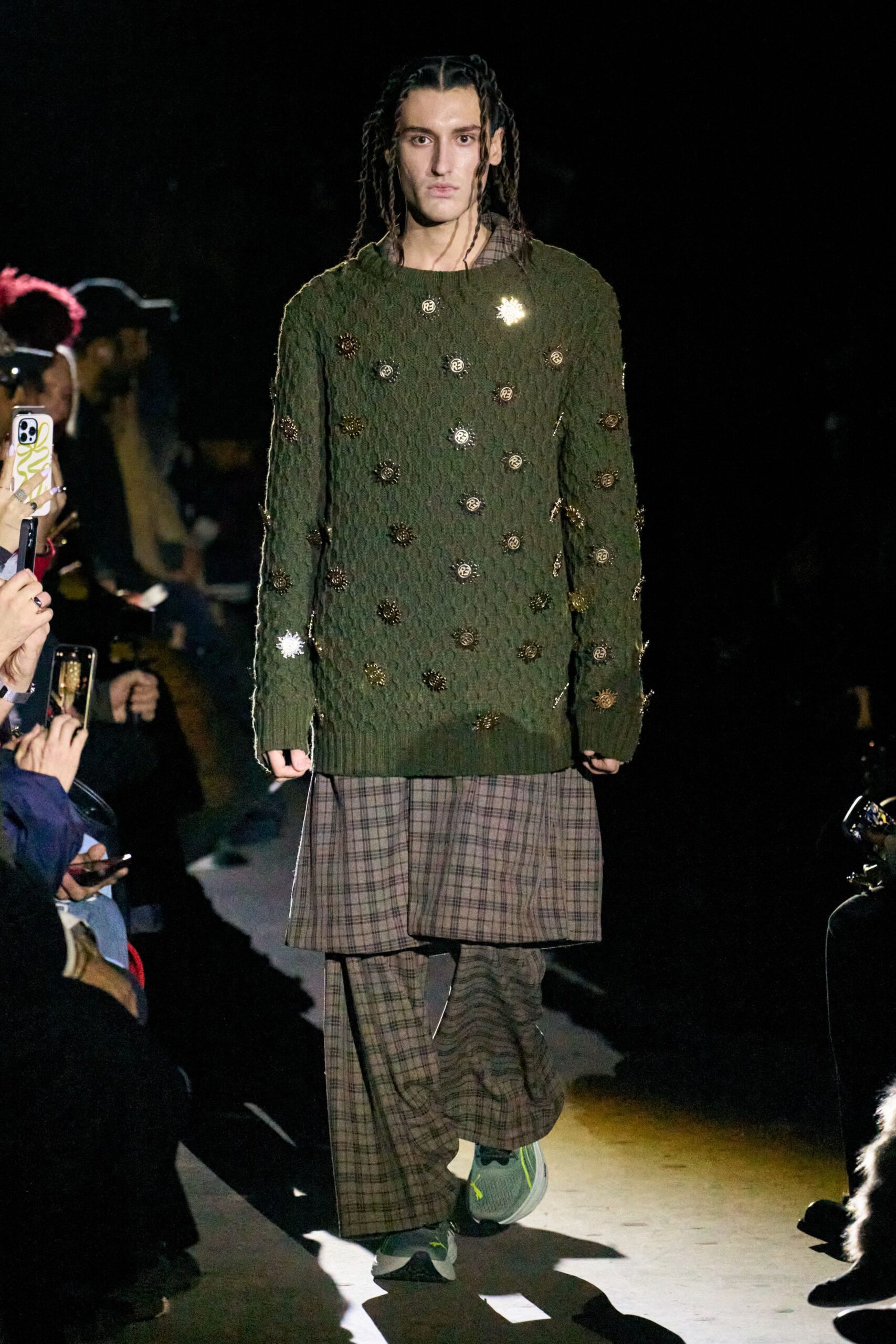 green cotton long-sleeve collared oversized embroidered sweater
