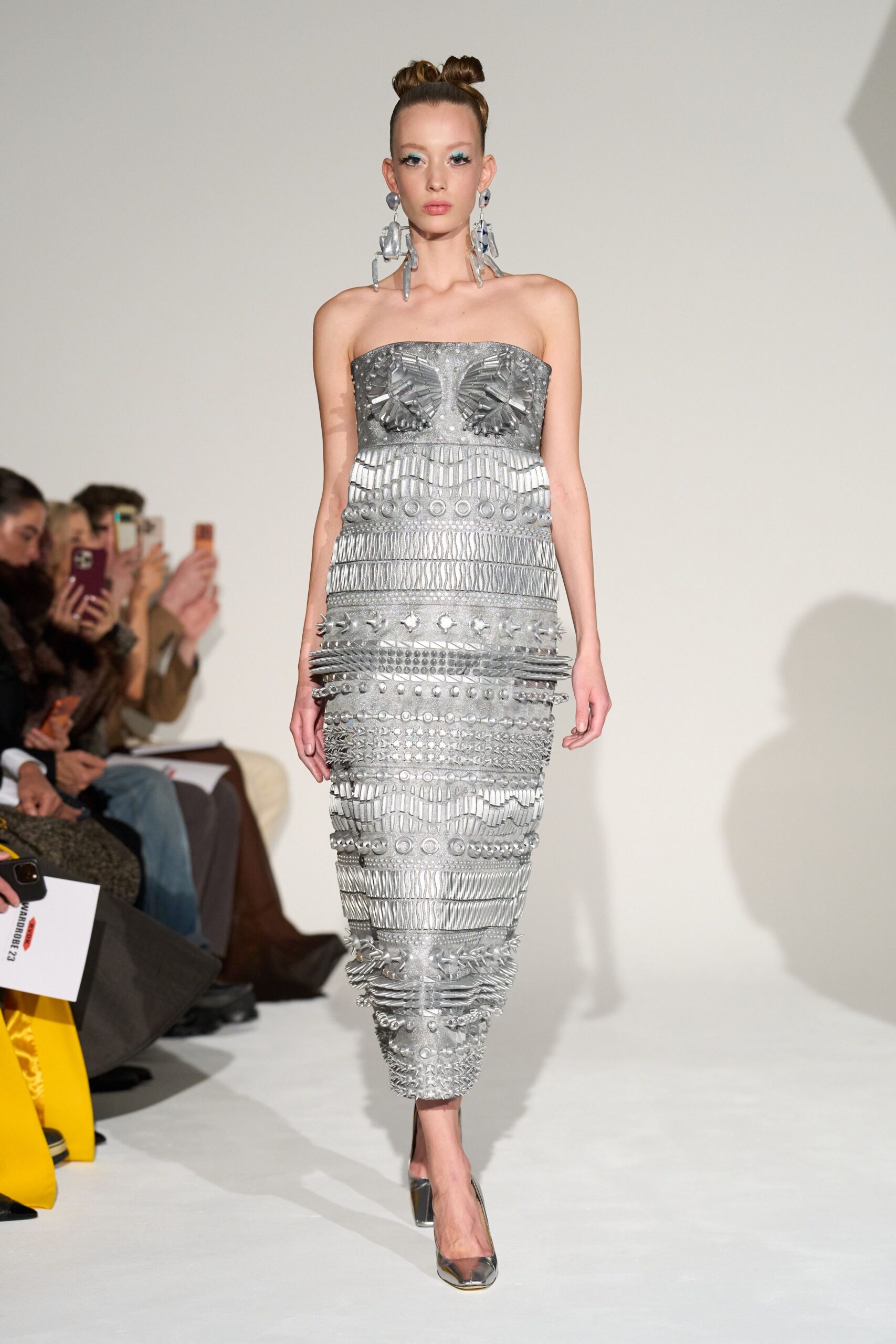 gray metallic strapless fitted layered embellished shiny gown