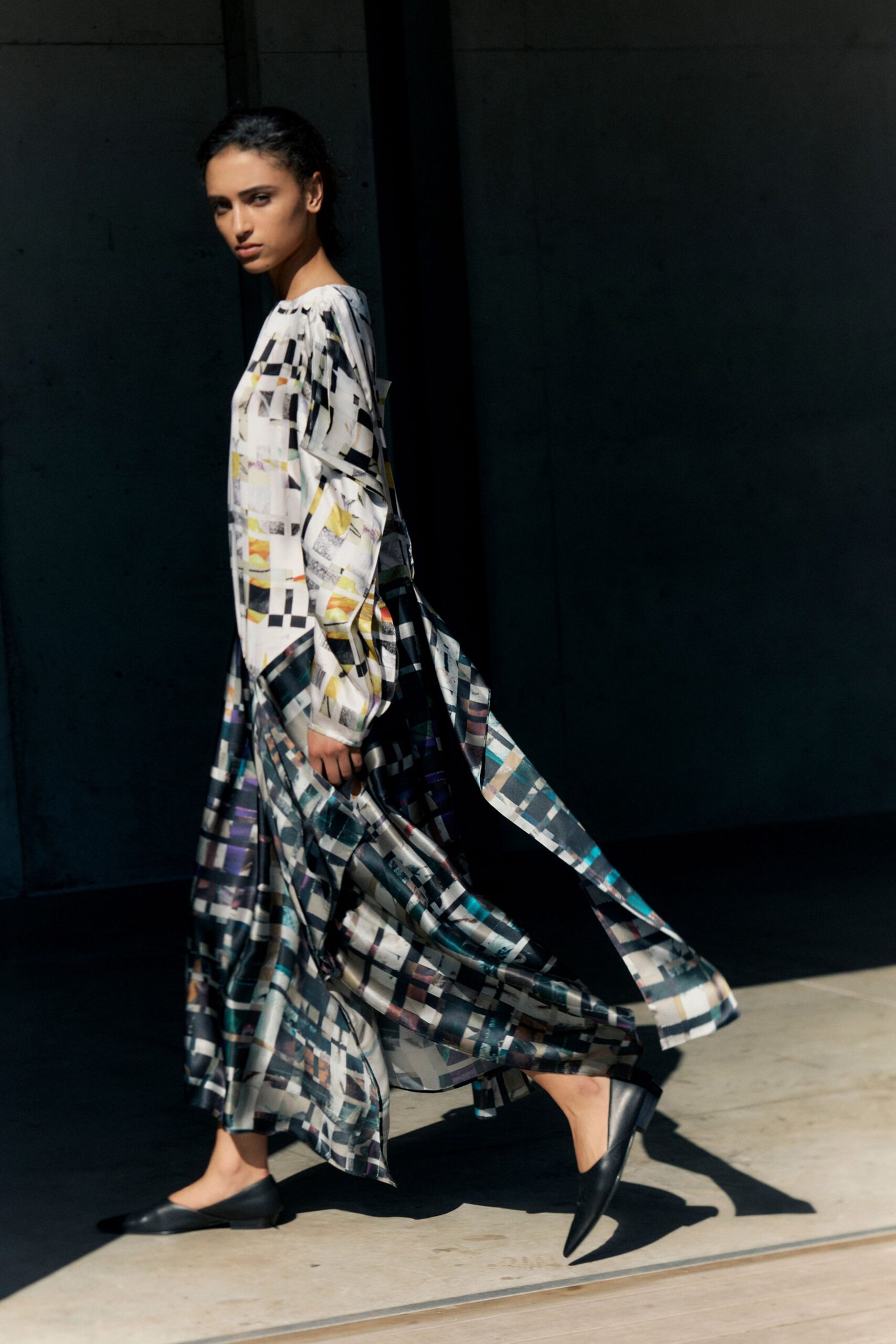 multi silk long-sleeve v-neck relaxed layered printed dress