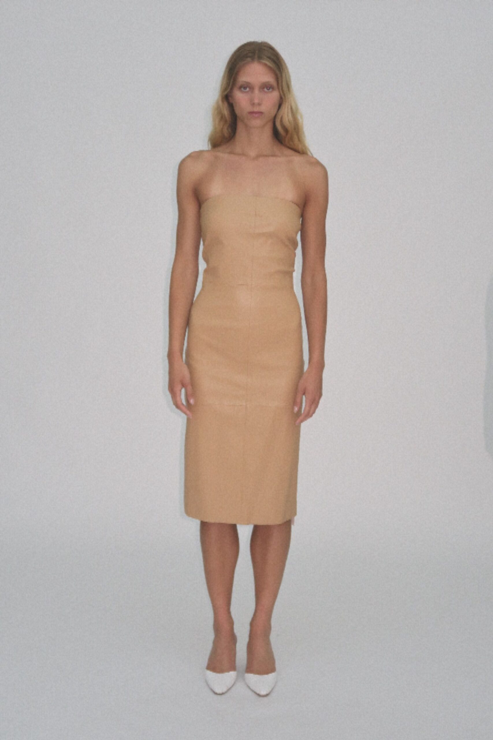 beige leather sleeveless fitted straight-leg pencil midi dress