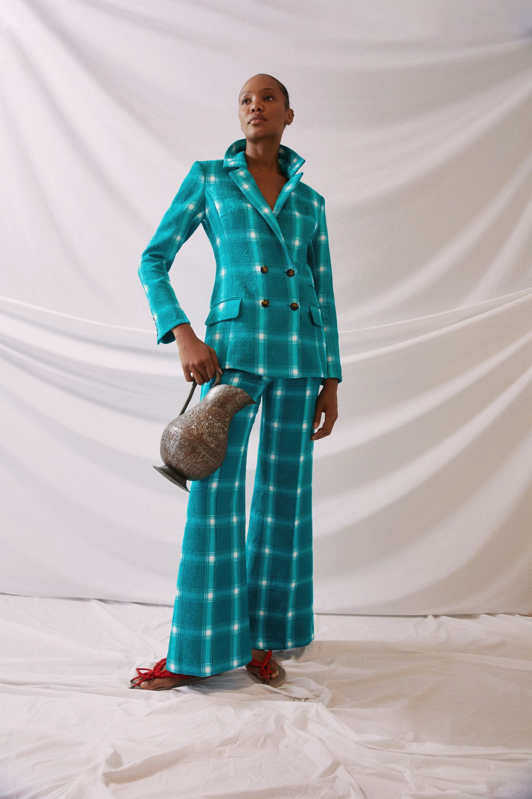 teal cotton flared checked pants