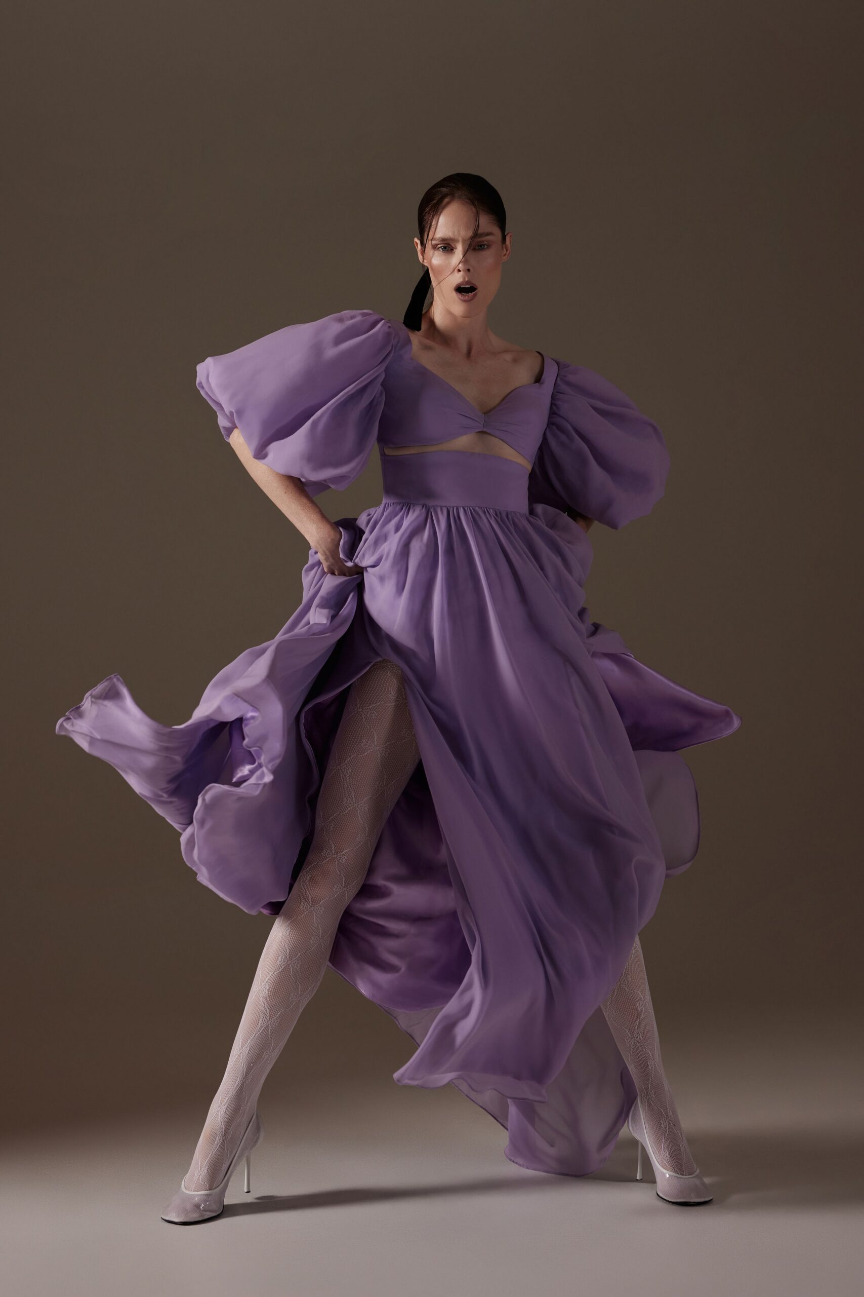 purple silk sleeveless v-neck fitted pleated draped gown