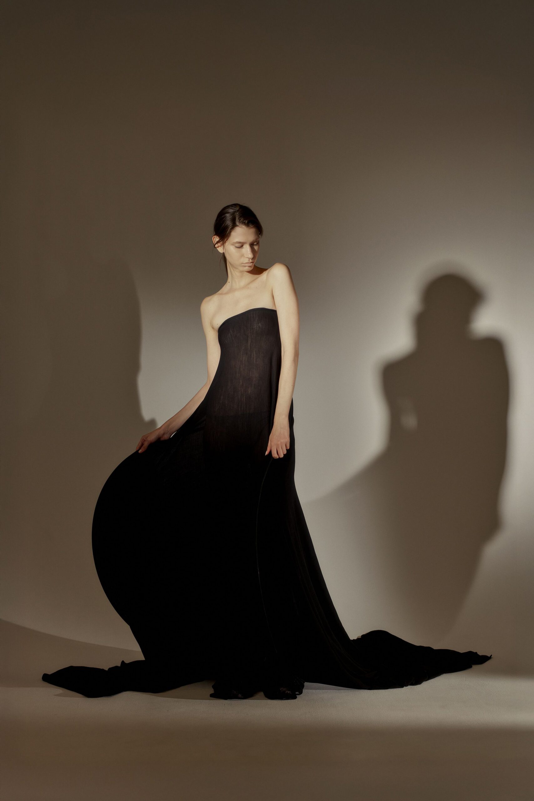 black silk strapless gown