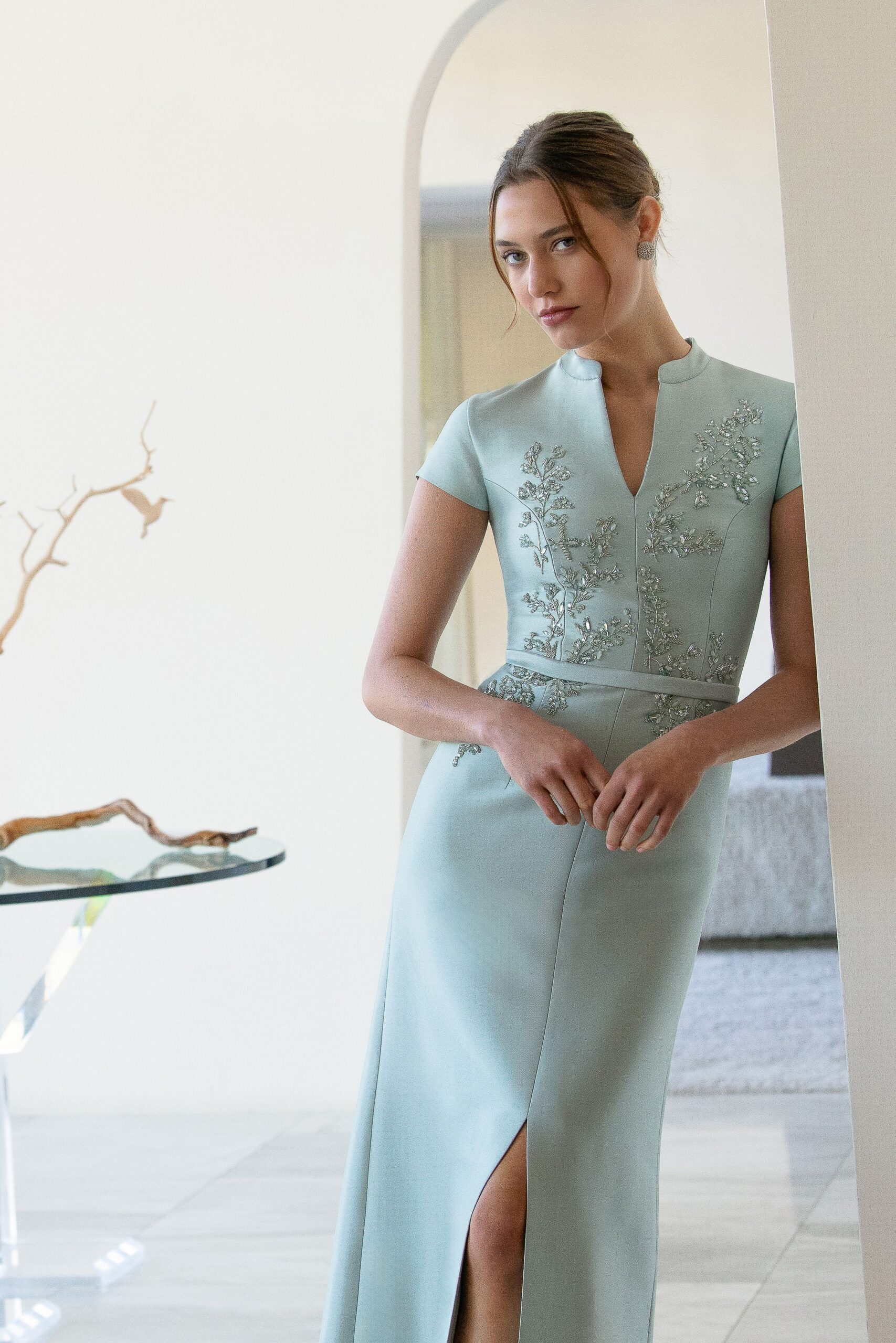 blue silk fitted gown