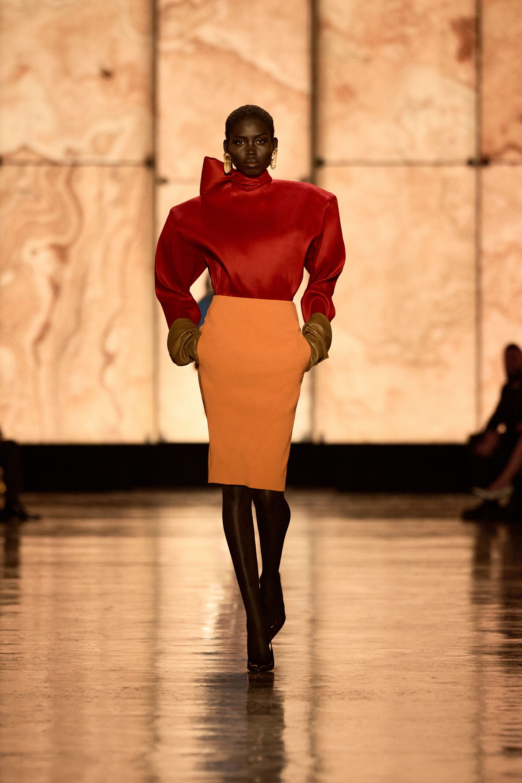 orange fitted high-waisted pencil skirt