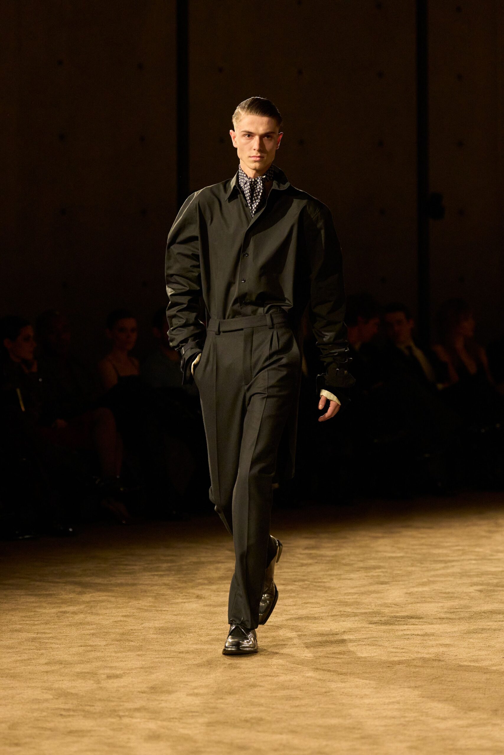 black fitted shirt and tailored pants