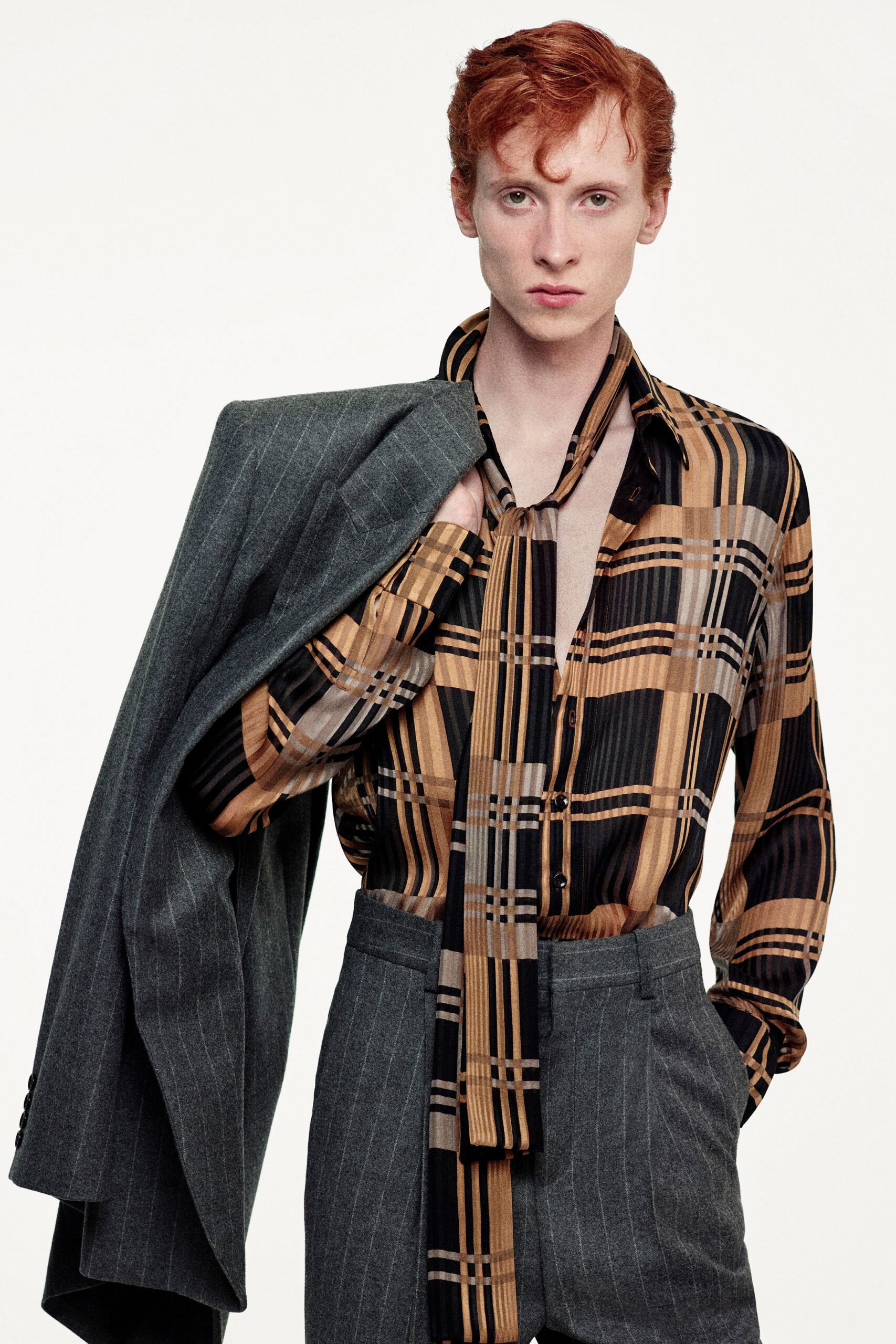 checked silk shirt with tailored pants