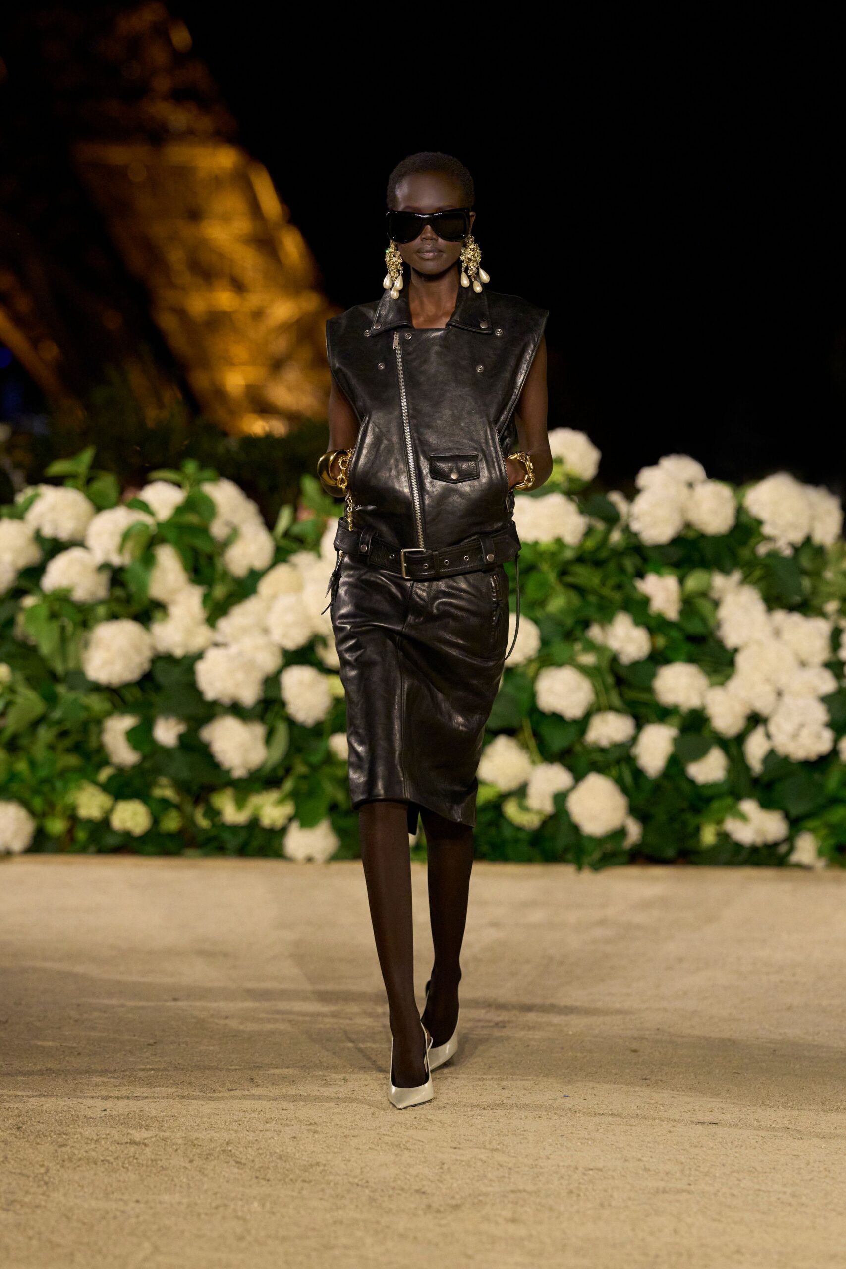 black leather fitted skirt and jacket