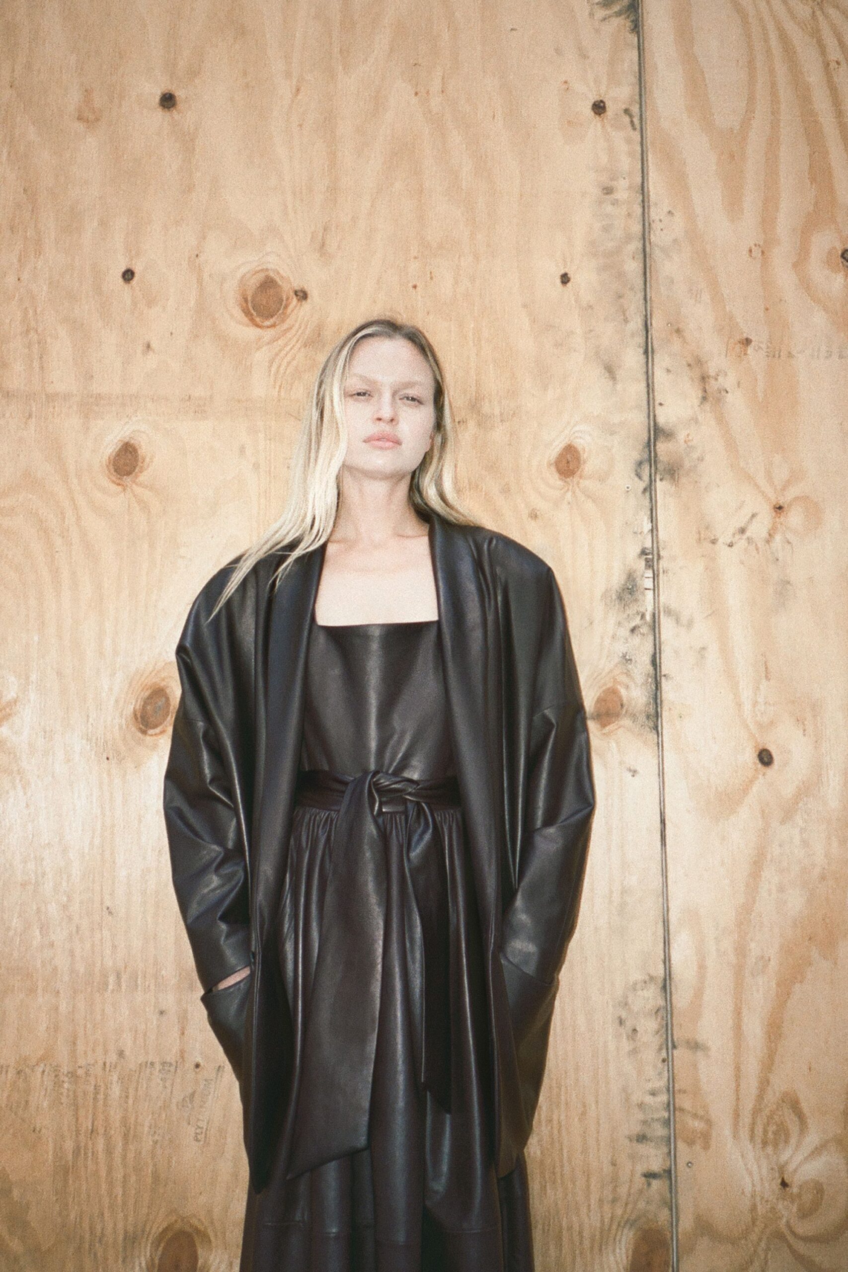 black leather dress and coat