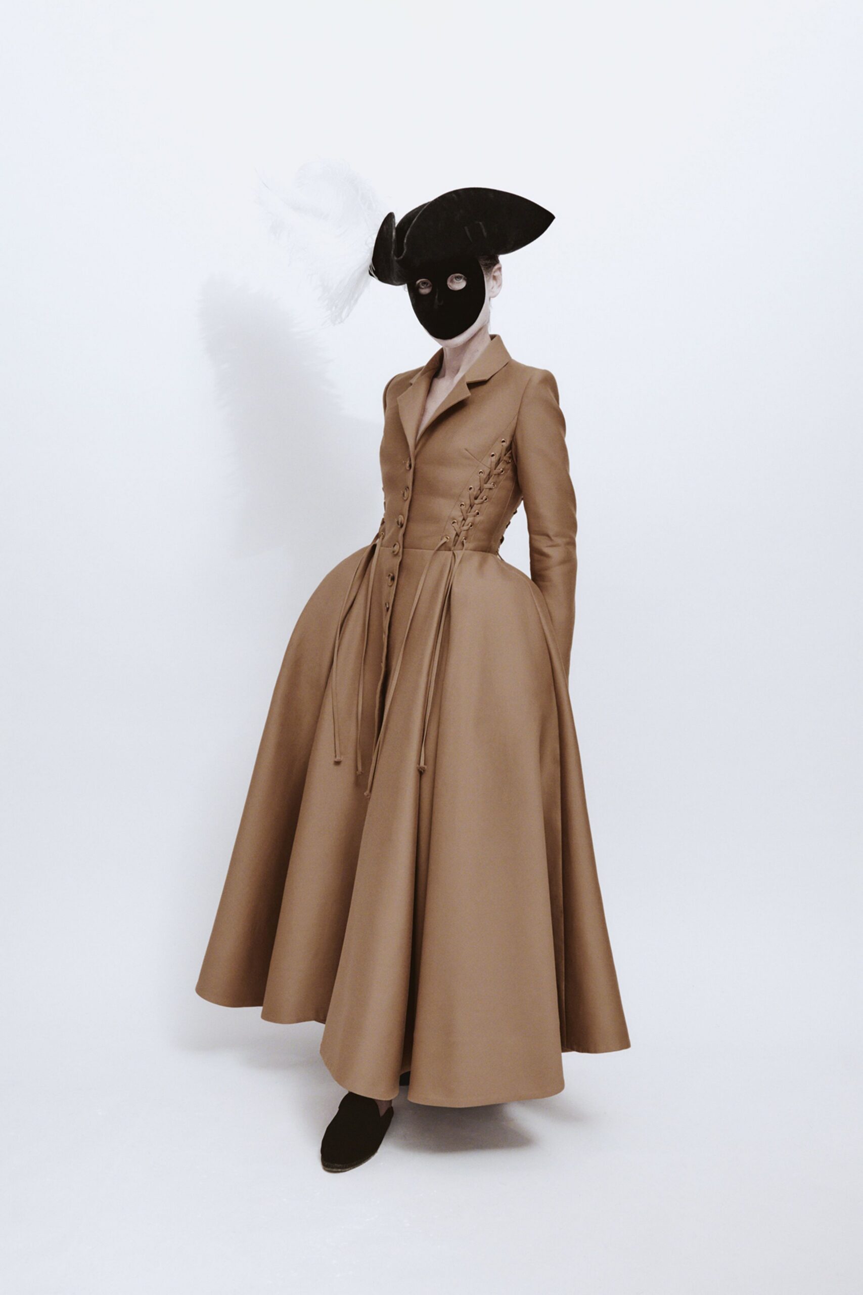 brown silk long-sleeve collared fitted pleated buttoned gown