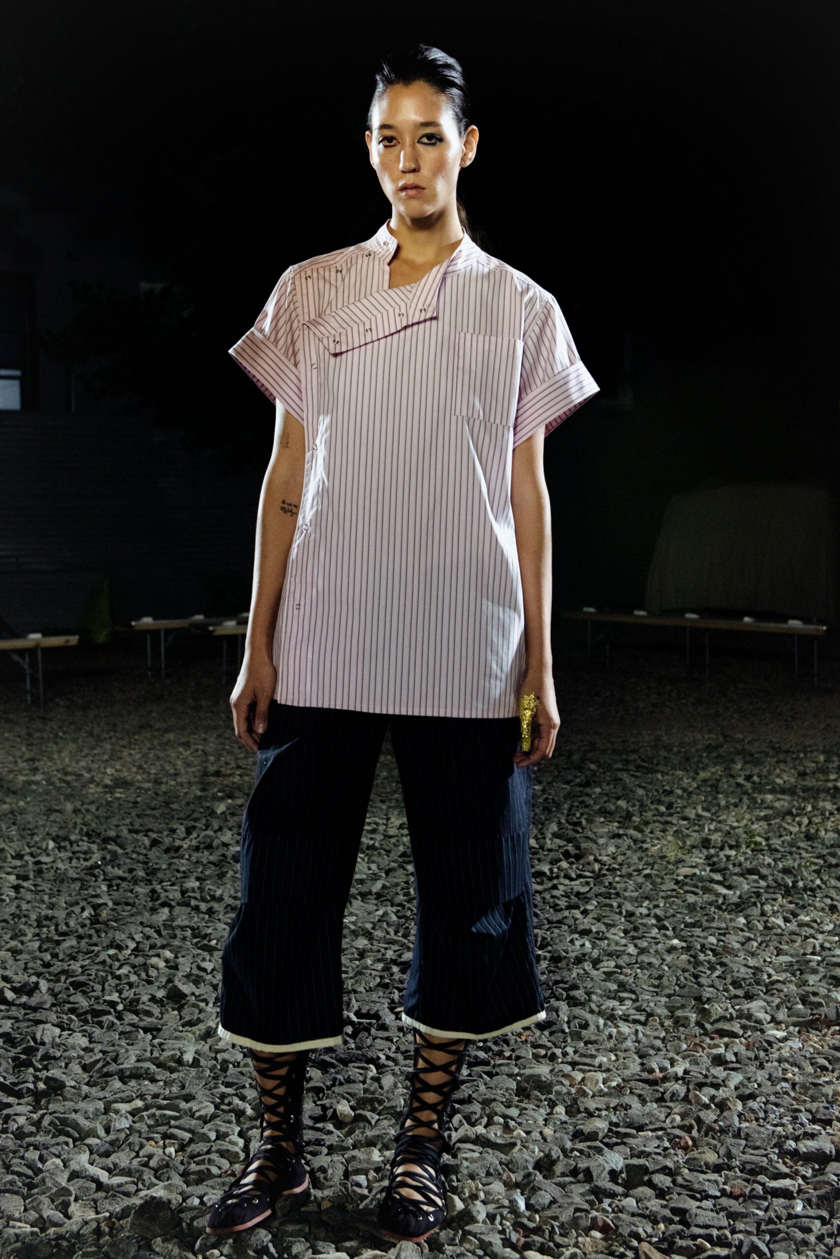 pink cotton short-sleeve collared relaxed striped shirt