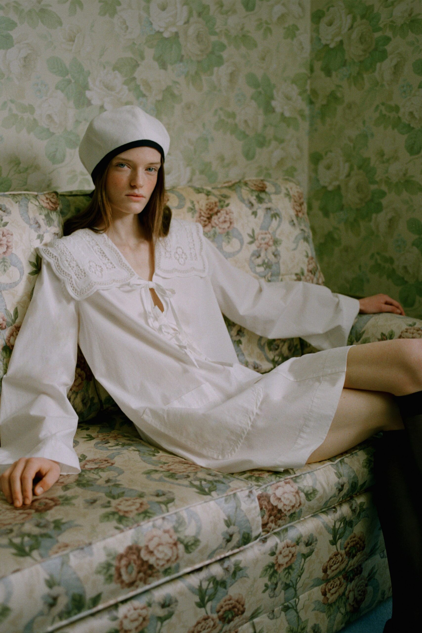 white relaxed mini dress with hat