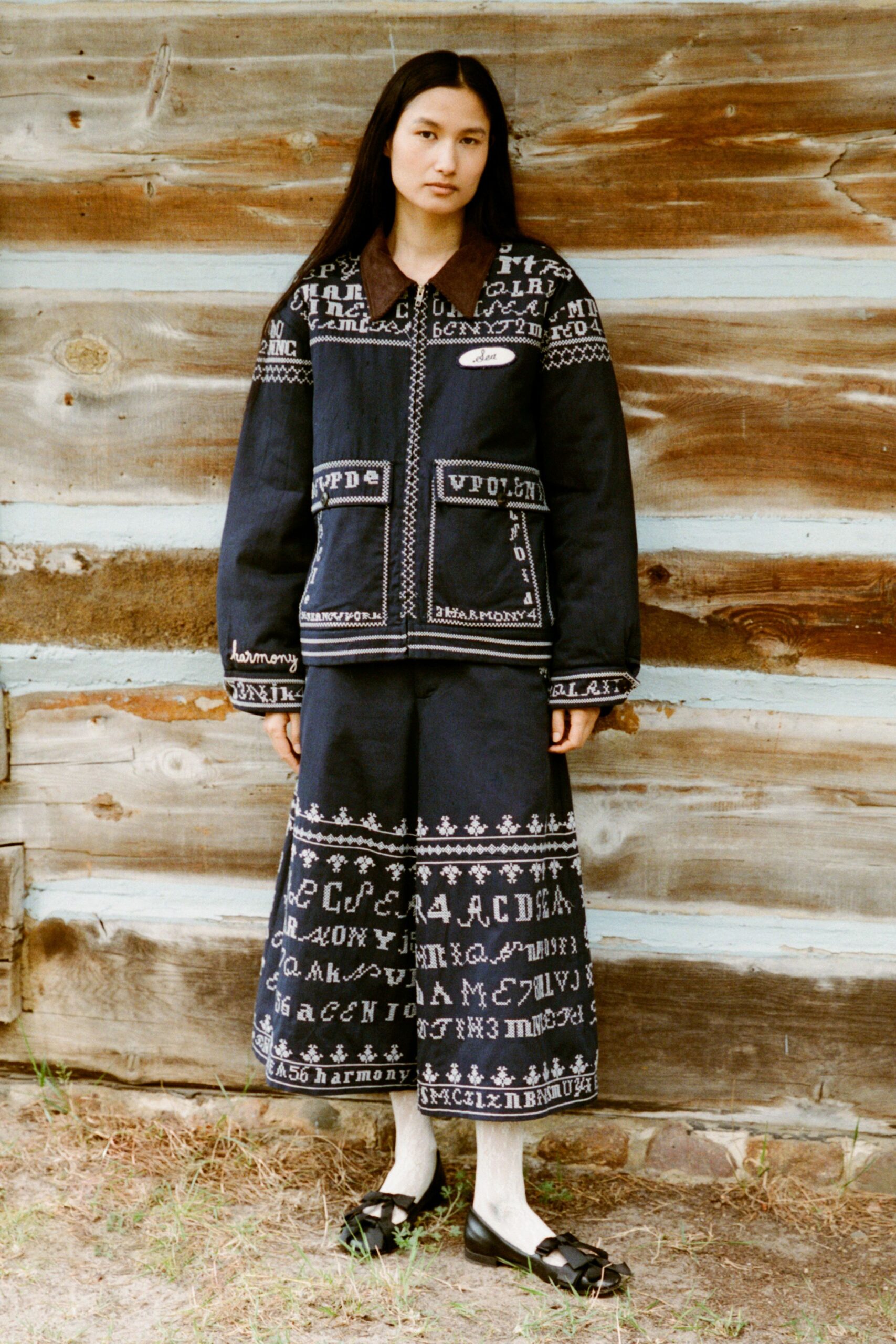 black denim fitted embroidered tiered maxi skirt