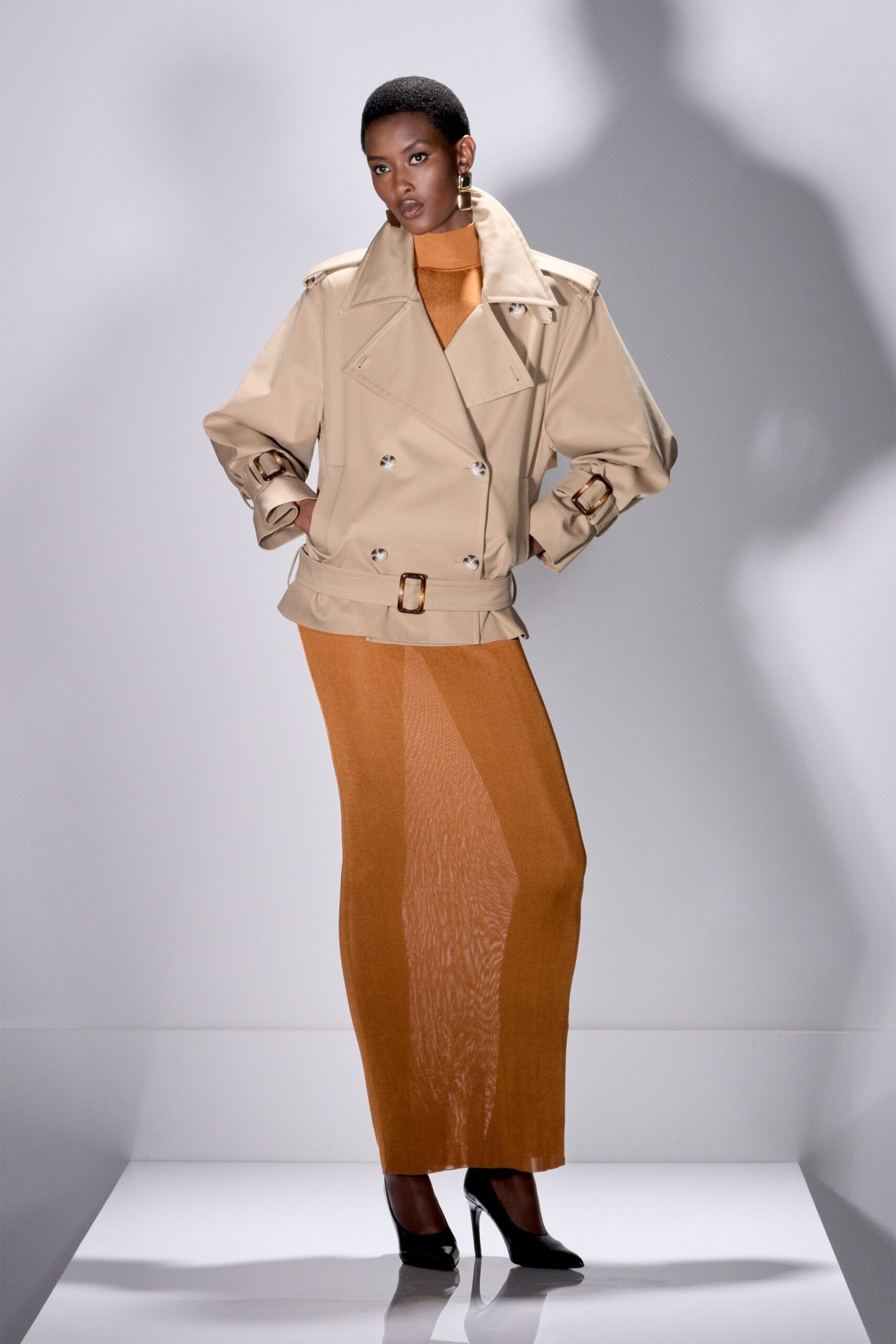 beige cotton long-sleeve collared structured belted jacket