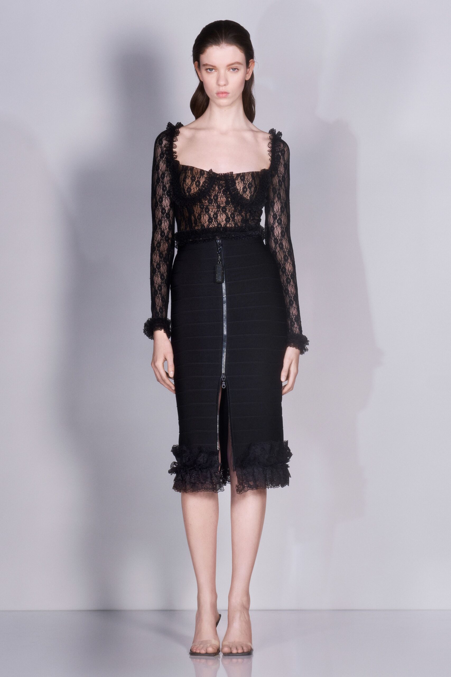 black lace long-sleeve scoop-neck fitted pleated ruffled dress