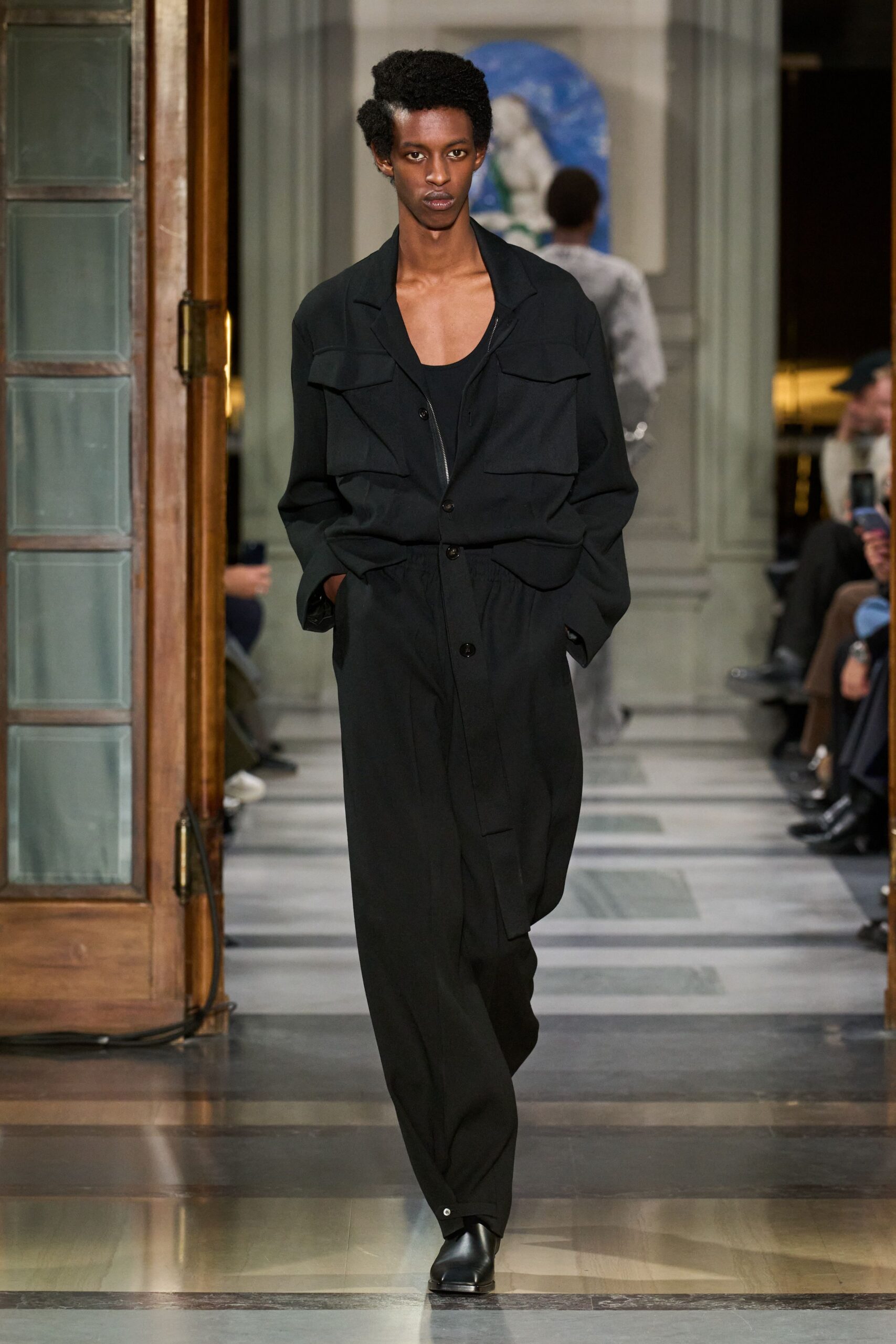 black cotton long-sleeve collared relaxed buttoned jumpsuit