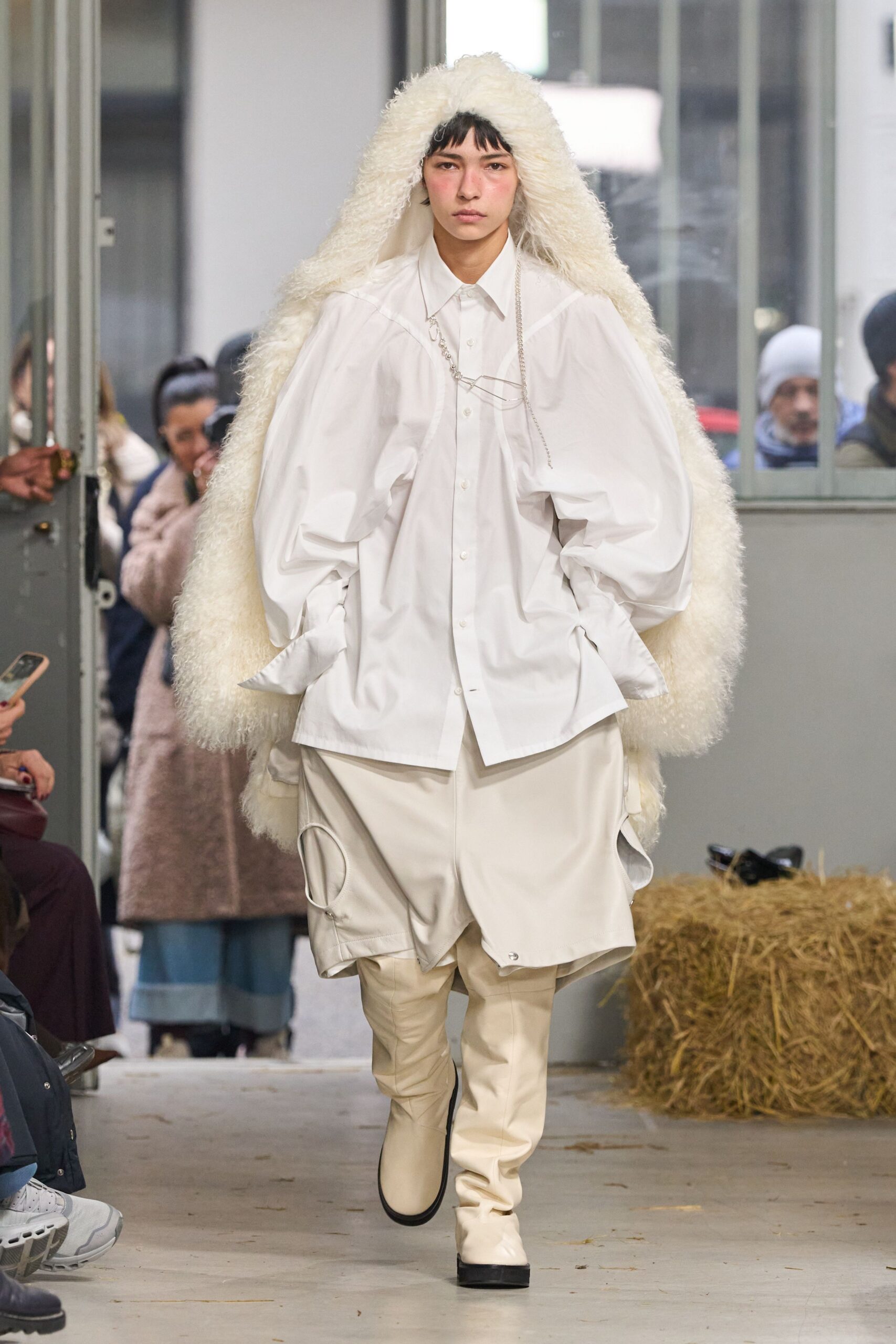 white faux-fur oversized textured coat