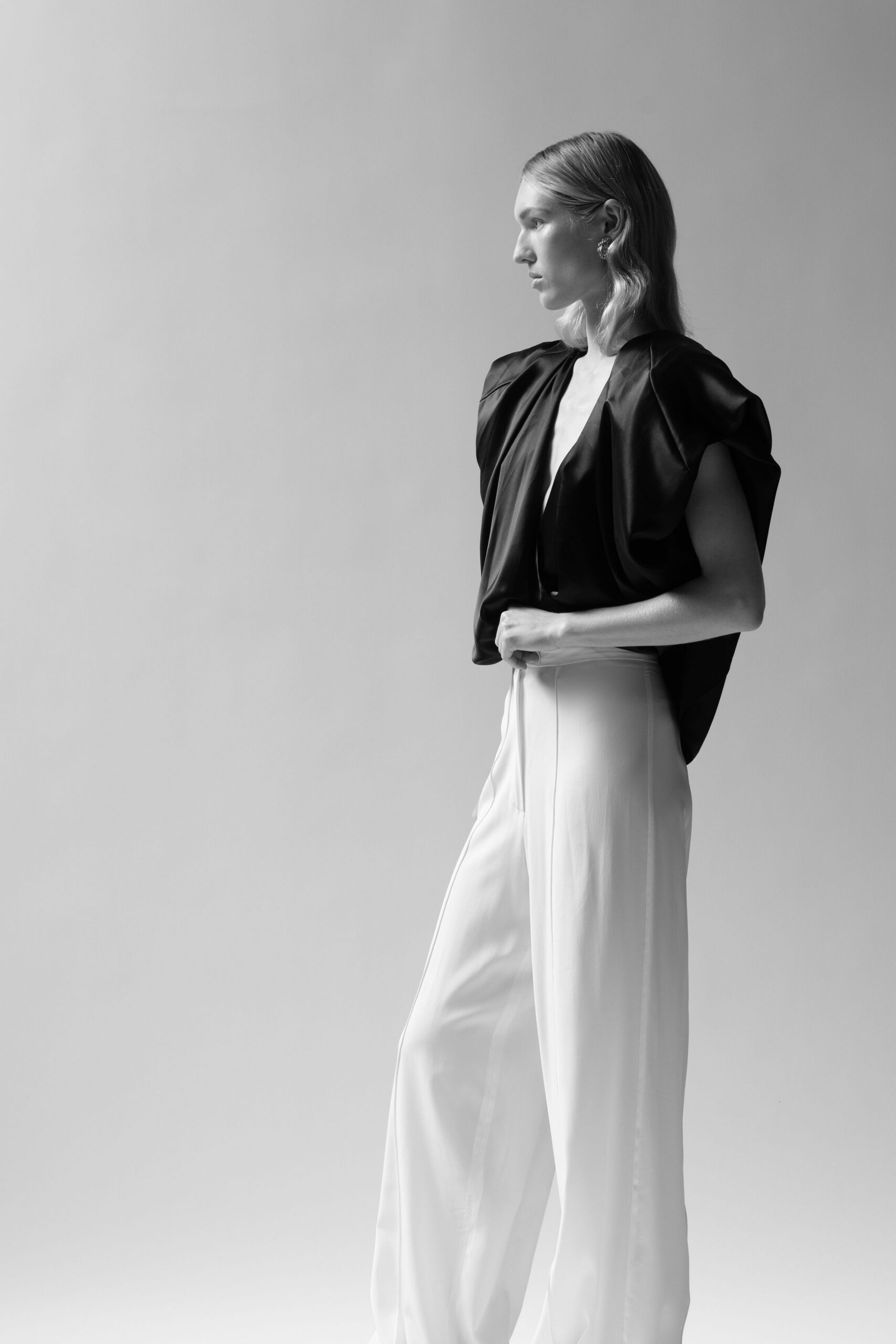 black silk short-sleeve v-neck fitted draped top